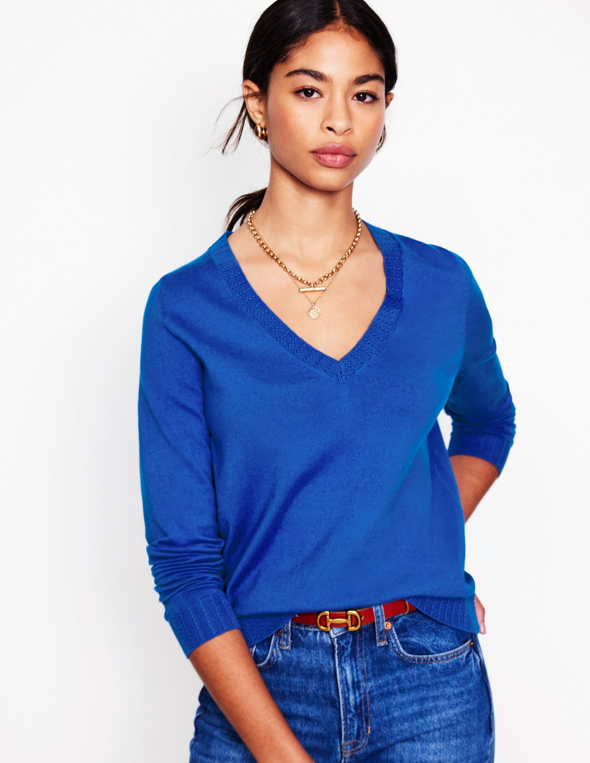 Emilia Cotton V-Neck Jumper-Bright Blue-1