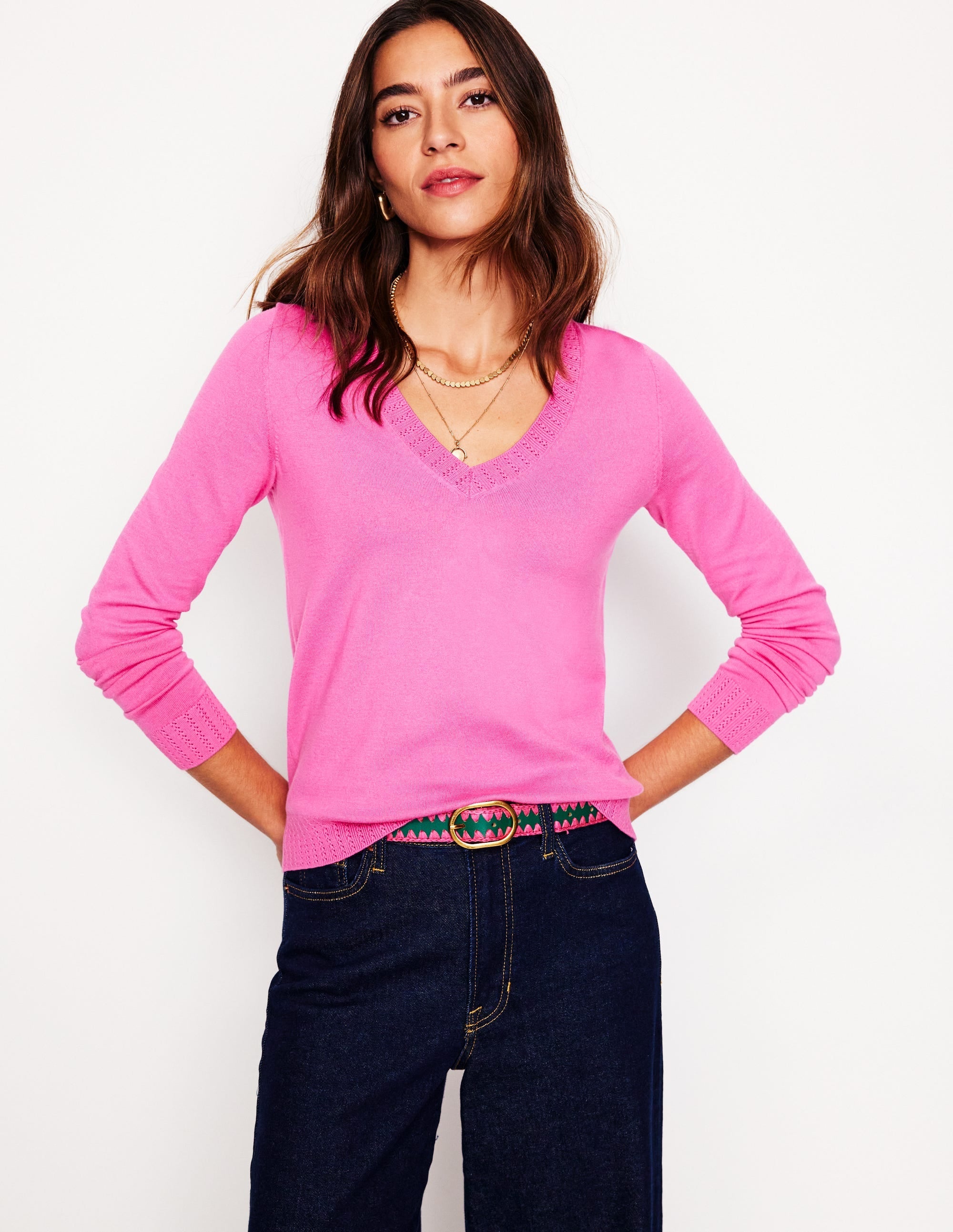 Emilia Cotton V-Neck Jumper-Tickled Pink - Image 1