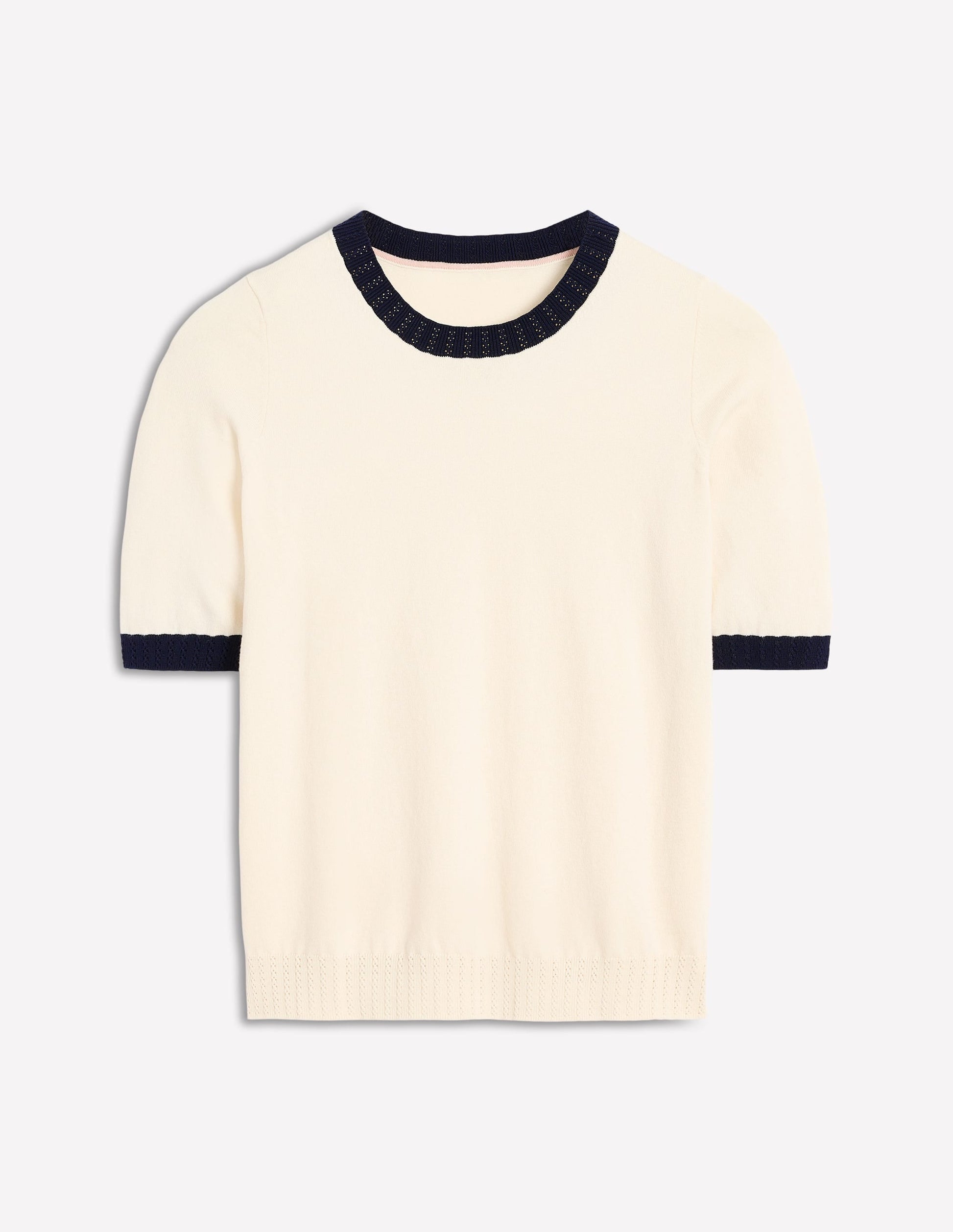Emilia Cotton Crew T-shirt-Warm Ivory, Navy-5