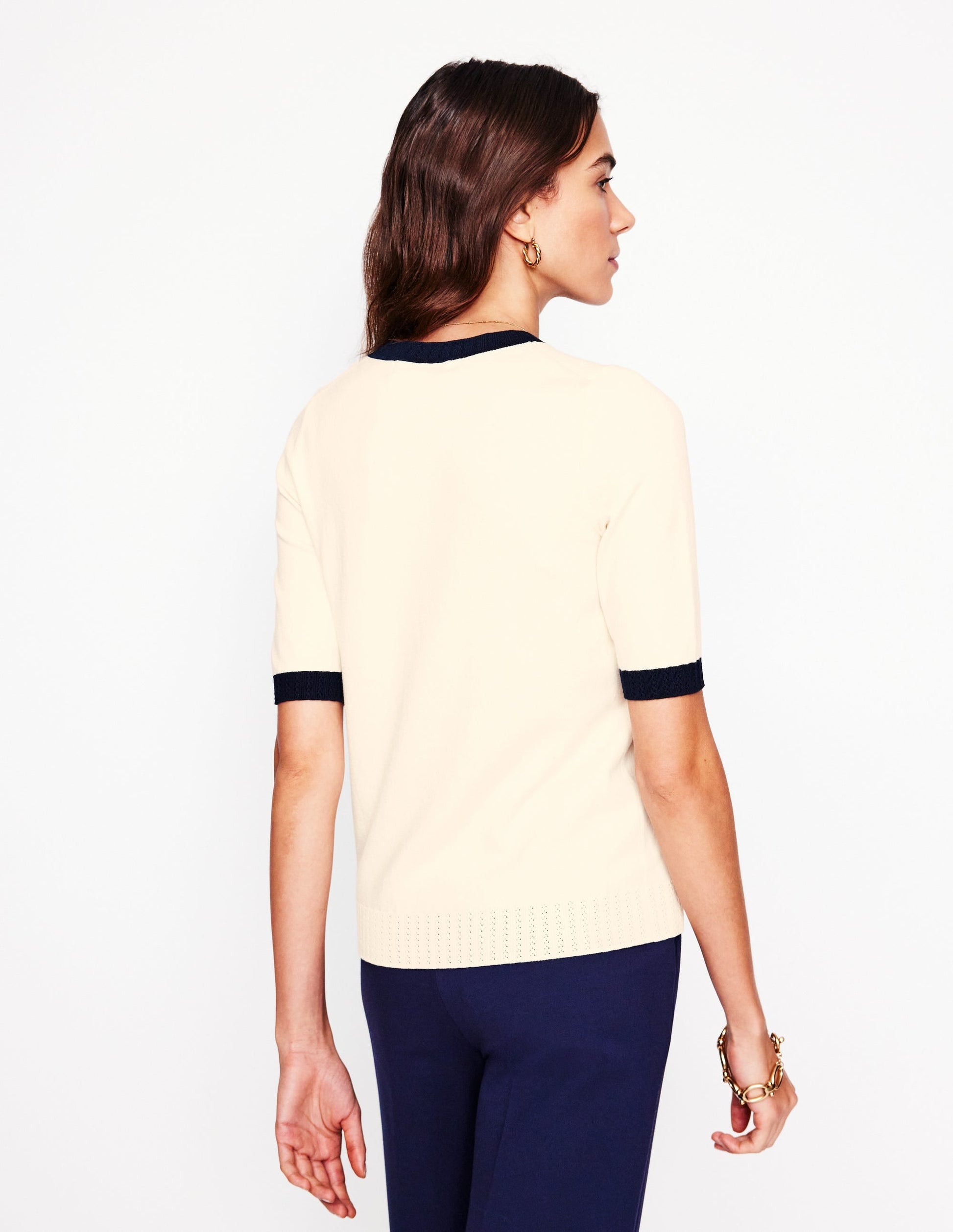 Emilia Cotton Crew T-shirt-Warm Ivory, Navy-3