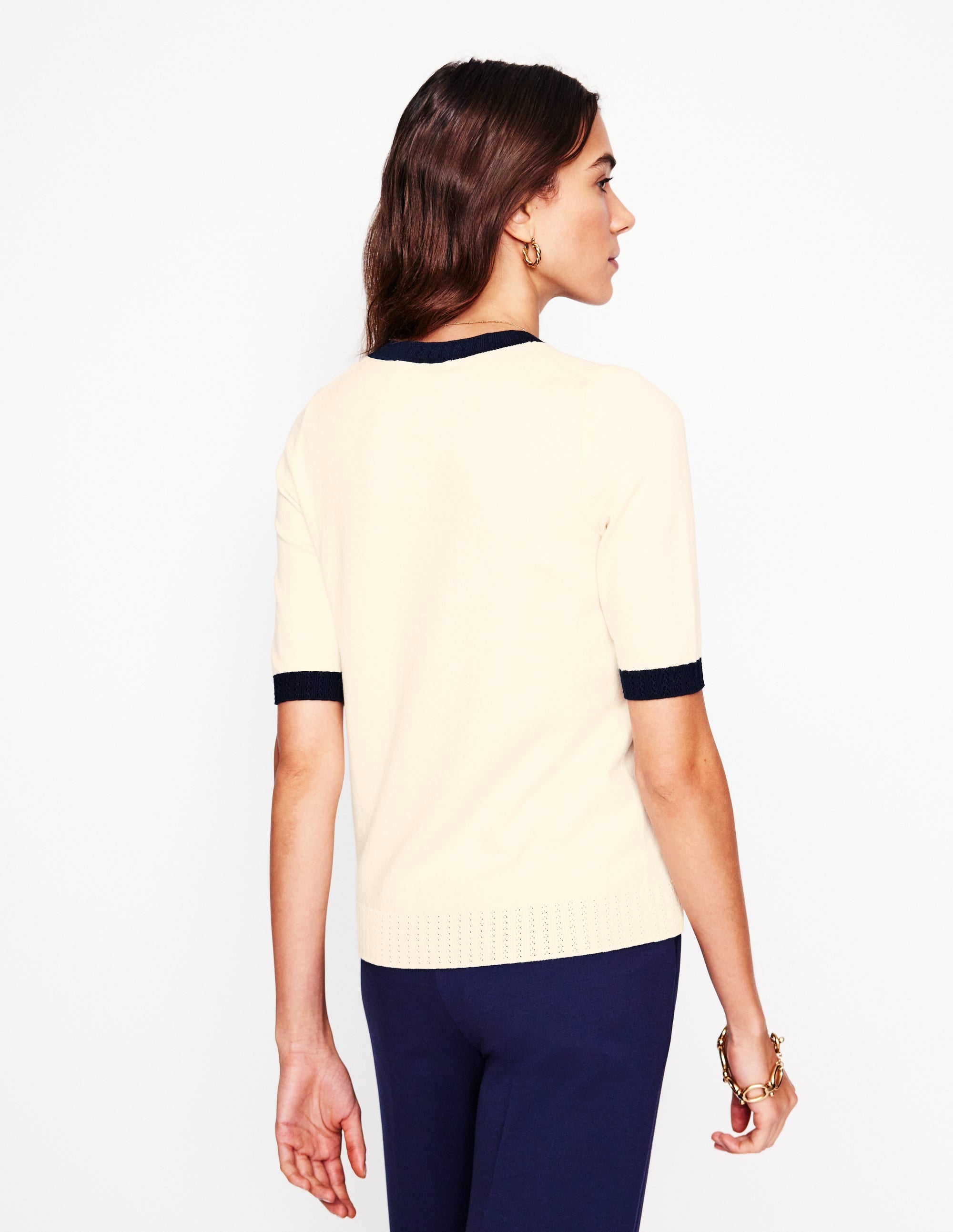 Emilia Cotton Crew T-shirt-Warm Ivory, Navy - Image 3