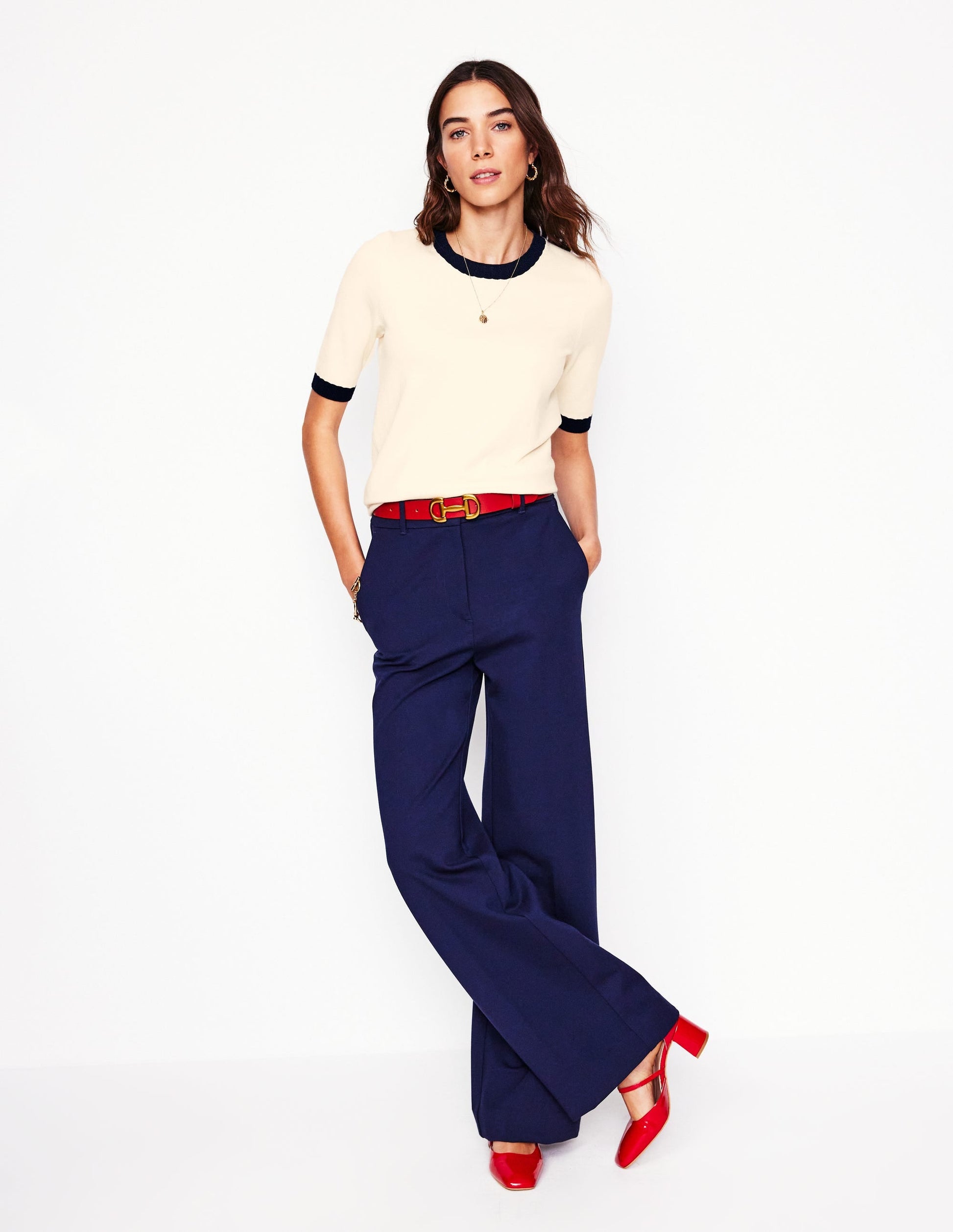 Emilia Cotton Crew T-shirt-Warm Ivory, Navy-4