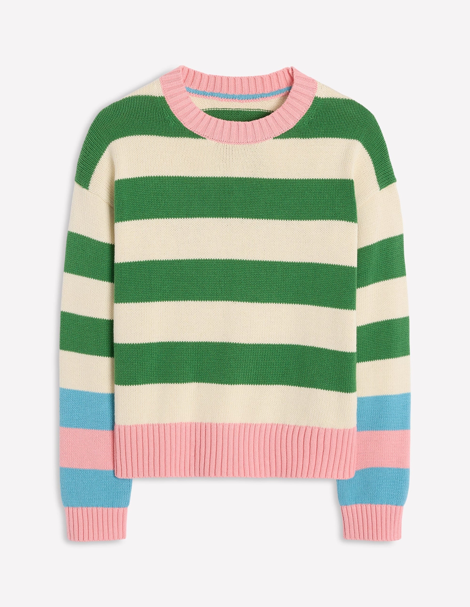 Lucinda Cotton Striped Jumper-Paradise Green, Pink Cuff-5