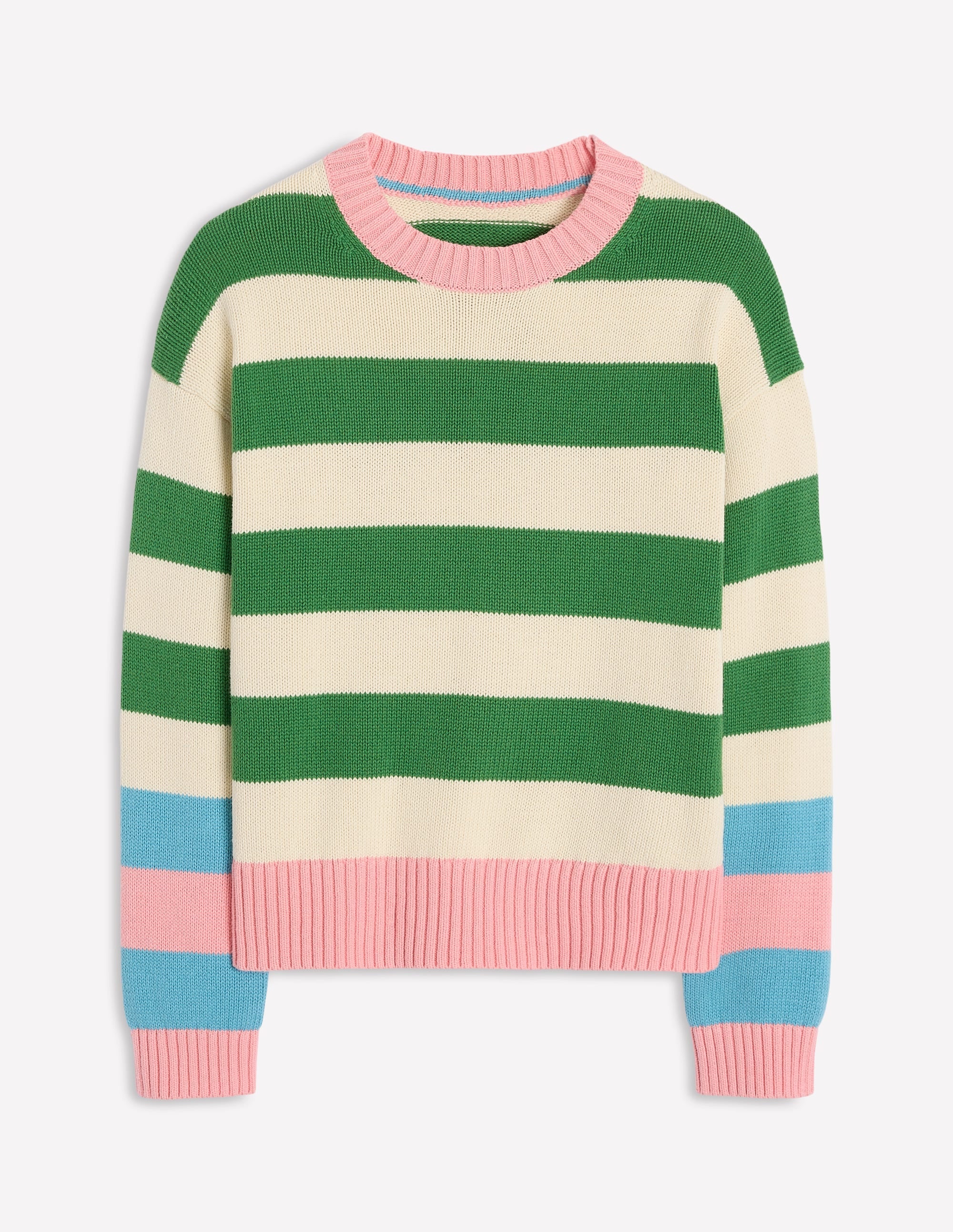 Lucinda Cotton Striped Jumper-Paradise Green, Pink Cuff - Image 5