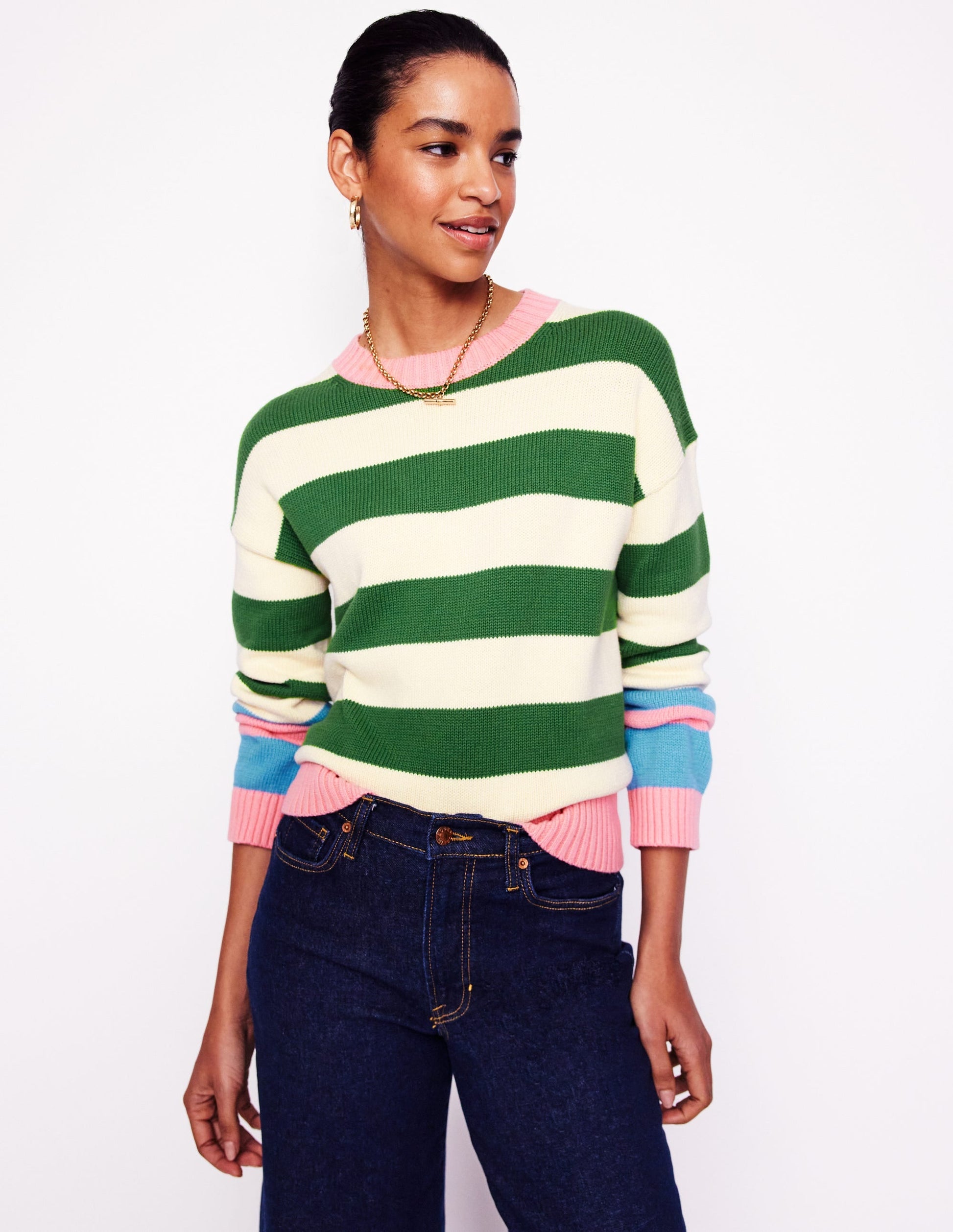 Lucinda Cotton Striped Jumper-Paradise Green, Pink Cuff-1