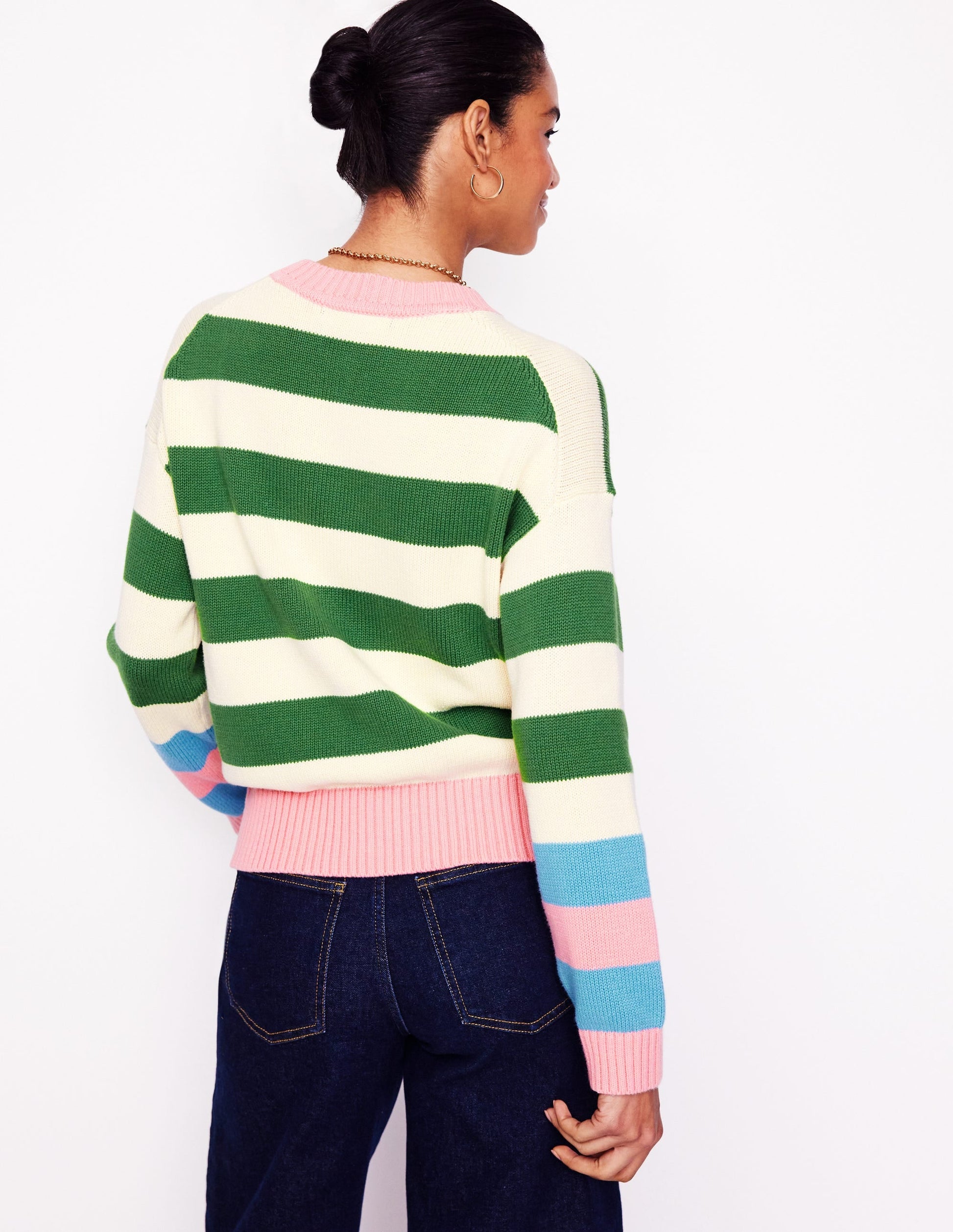 Lucinda Cotton Striped Jumper-Paradise Green, Pink Cuff-3