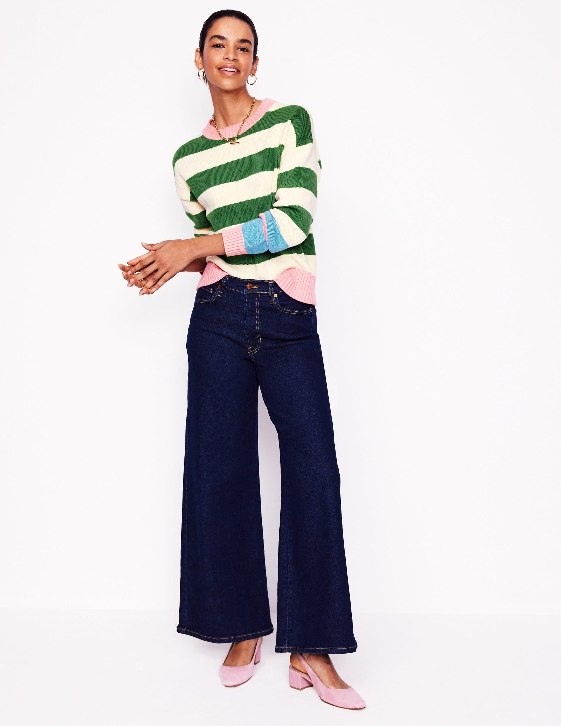 Lucinda Cotton Striped Jumper-Paradise Green, Pink Cuff-4