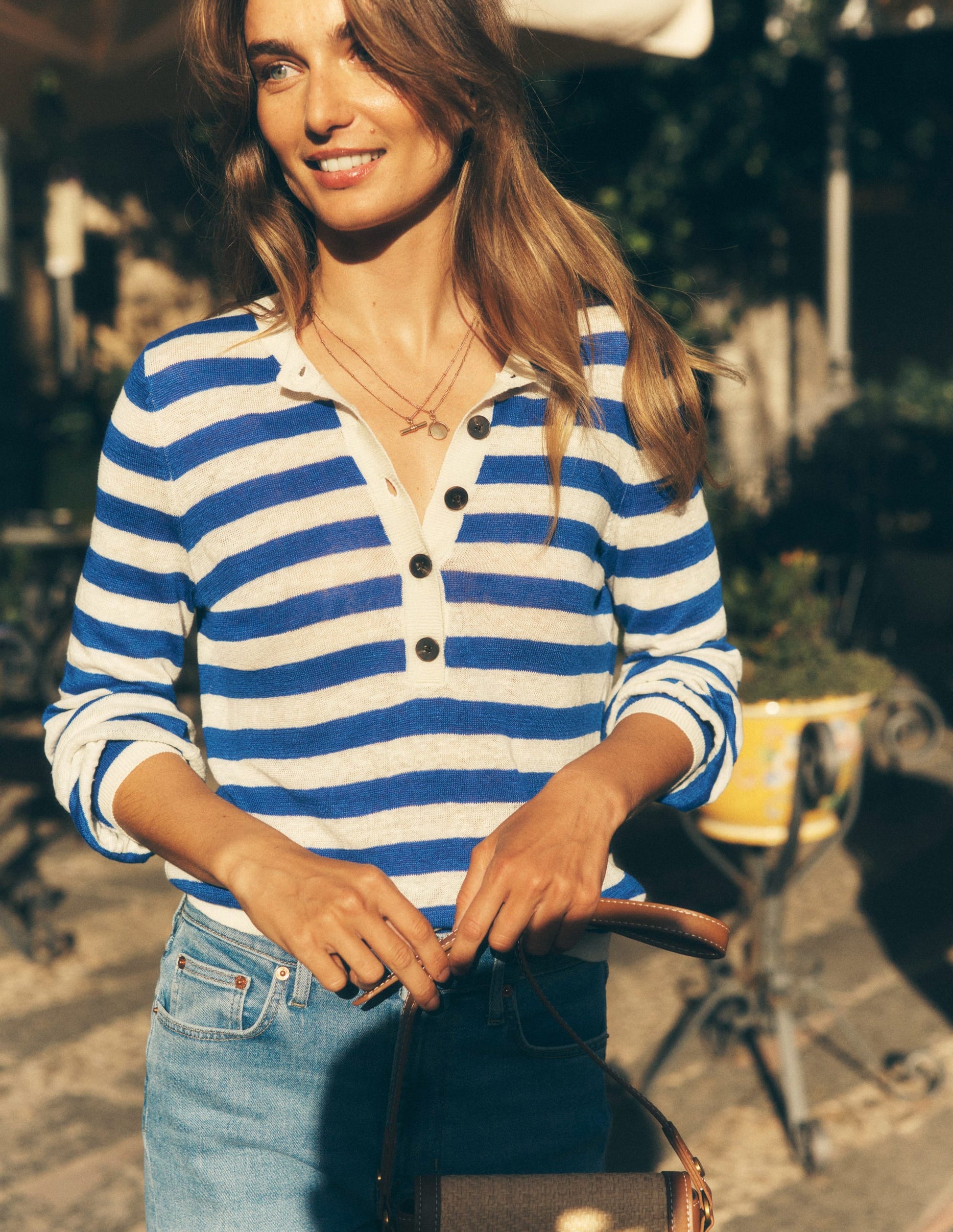 Liv Henley Linen Jumper-Bright Blue and Ivory Stripe-8