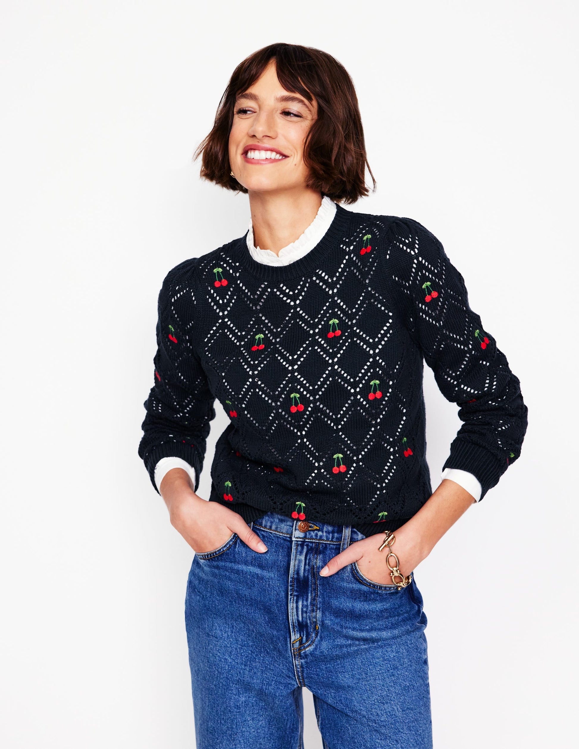 Enid Embroidered Jumper-Navy, Cherries-1