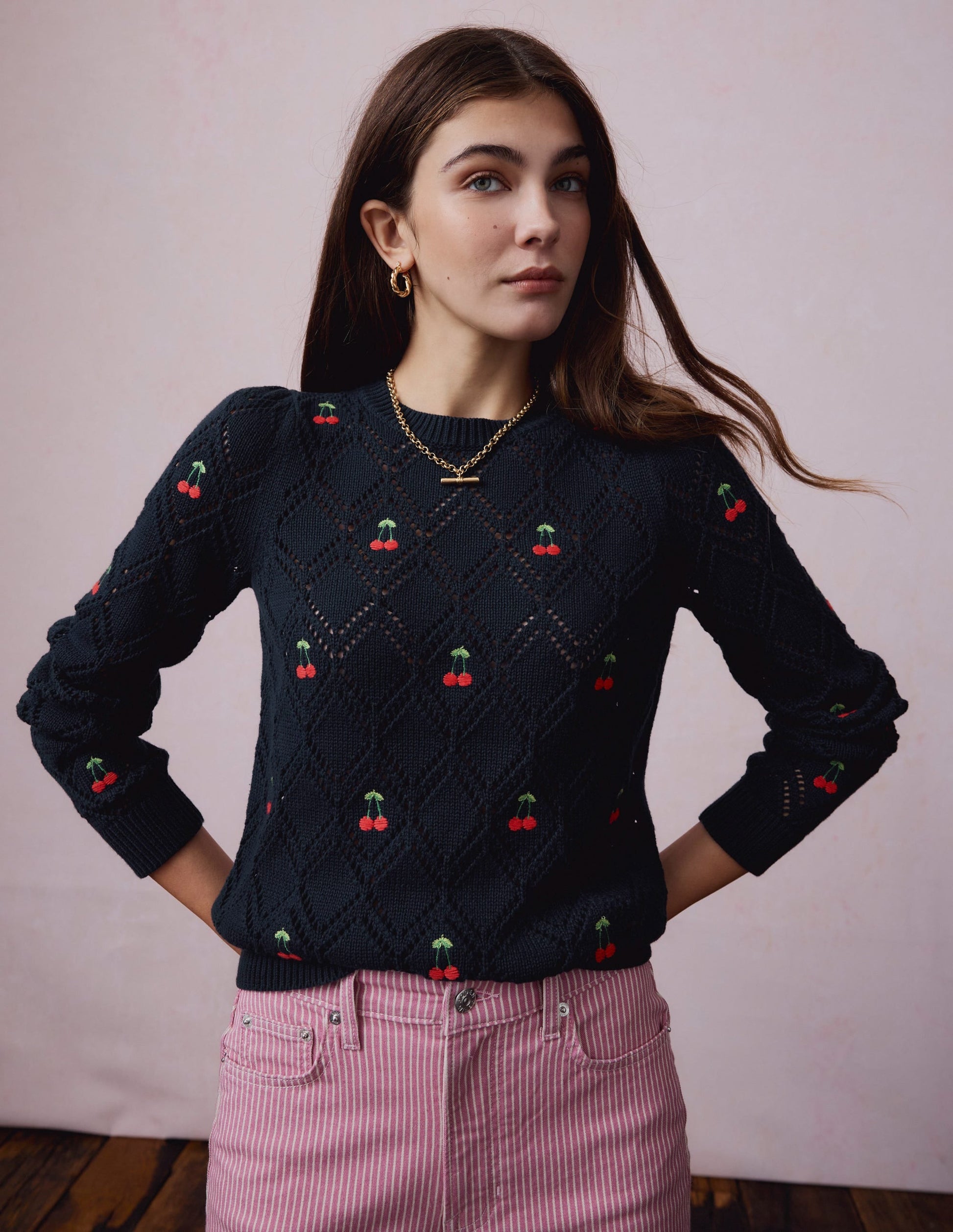 Enid Embroidered Jumper-Navy, Cherries-2