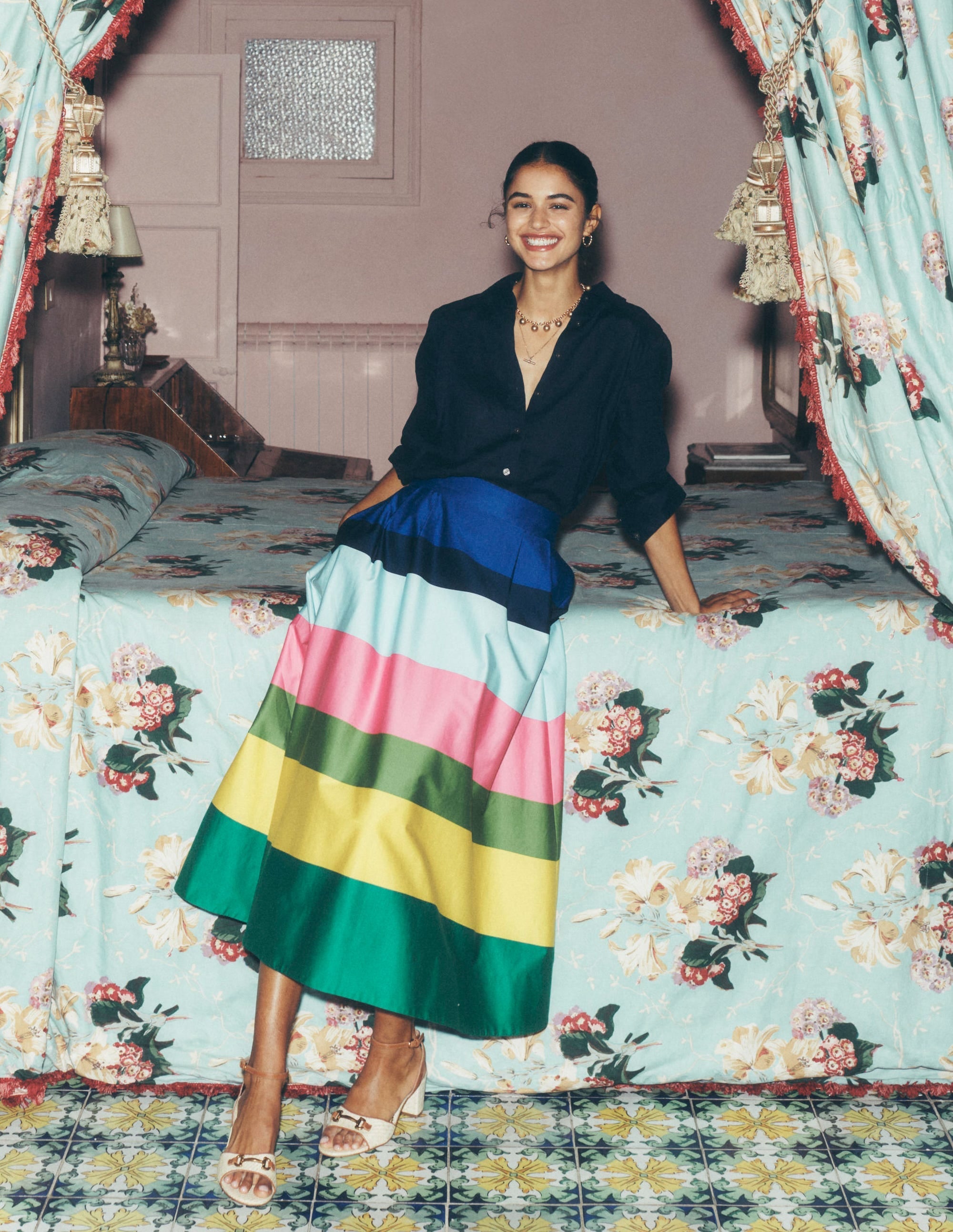 Isabella Cotton Sateen Skirt-Green and Pink Wide Stripe - Image 1