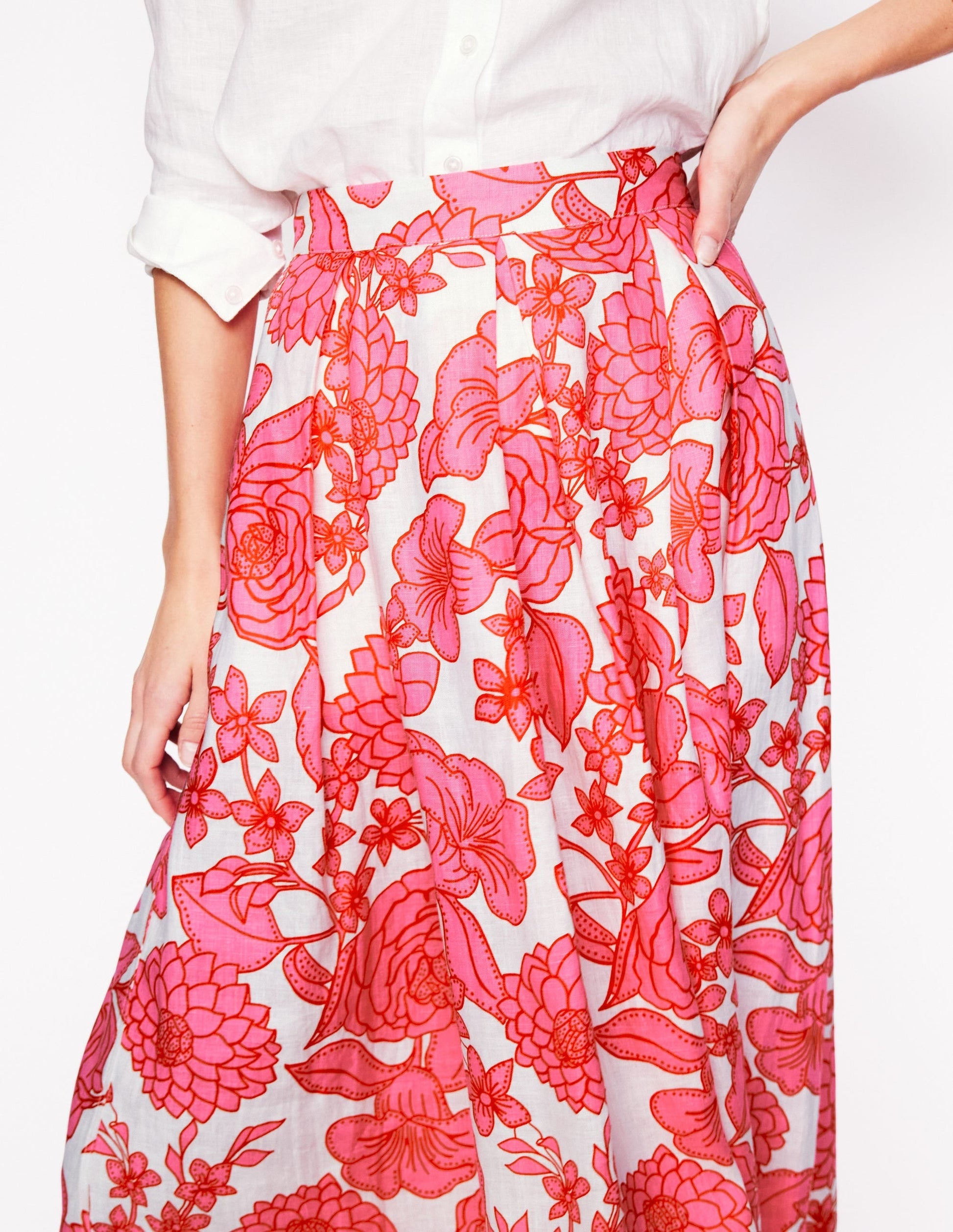 Verity Linen Midi Skirt-Pink, Blossom Cascade-3