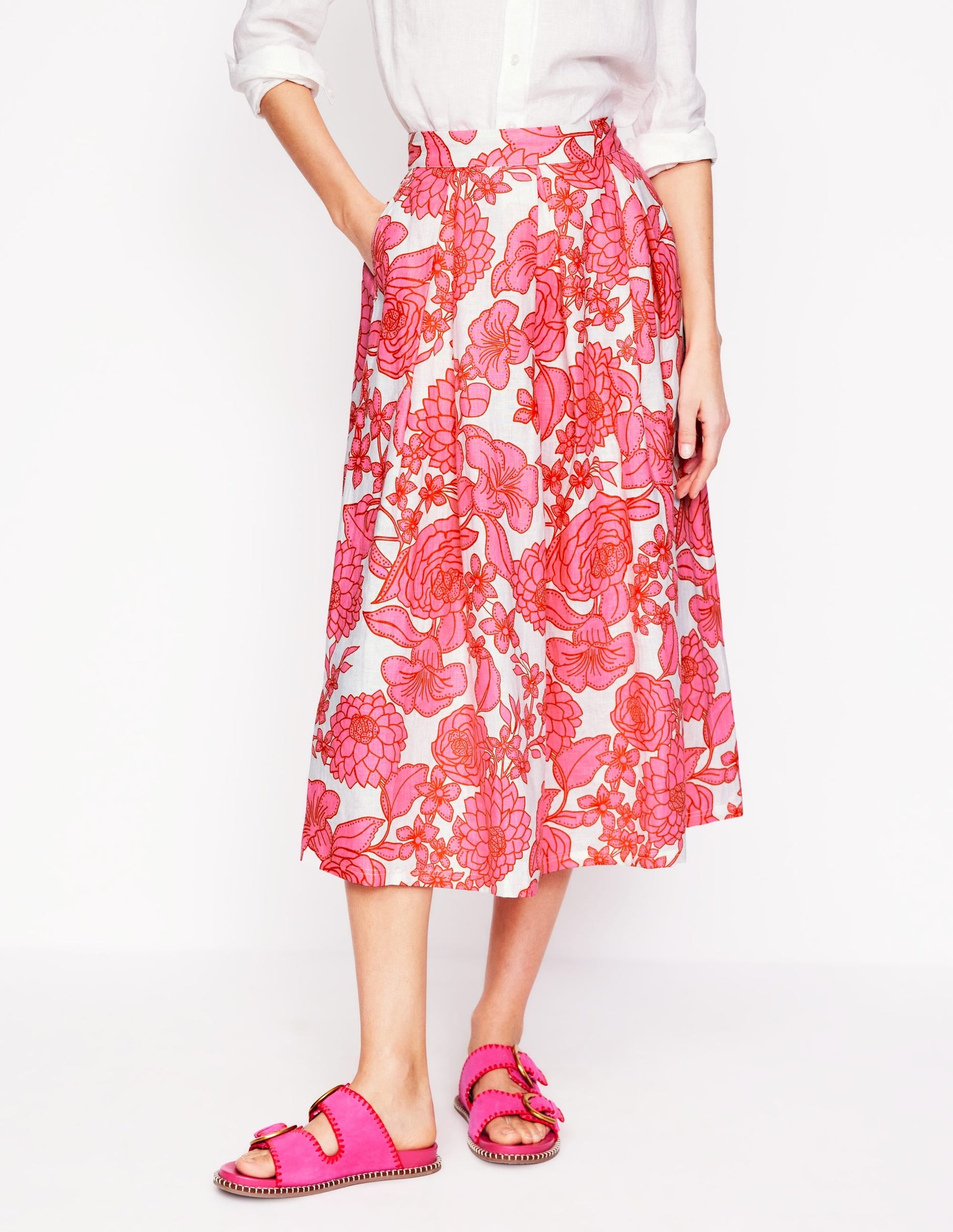 Verity Linen Midi Skirt-Pink, Blossom Cascade-5