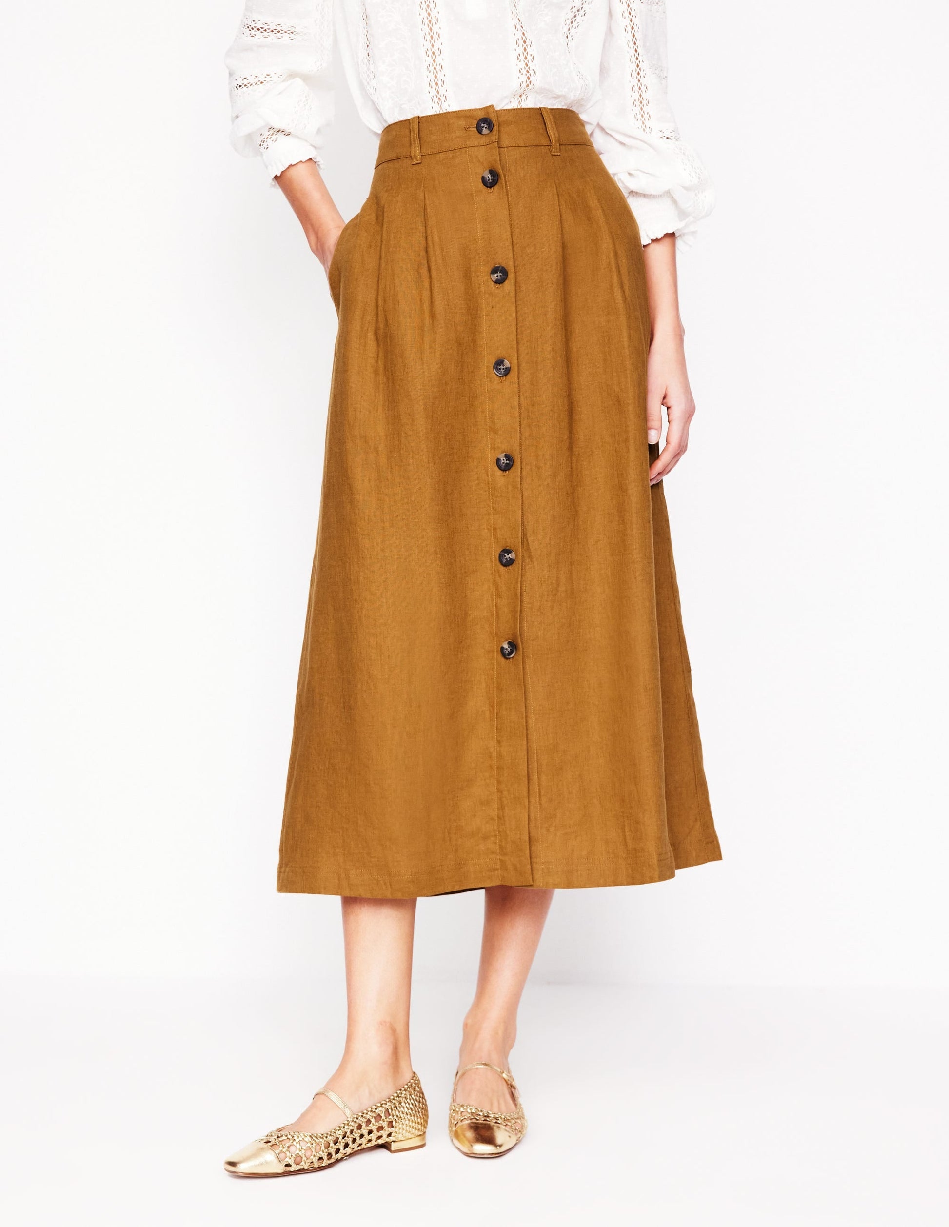Thomasina Linen Midi Skirt-Gingerbread-4