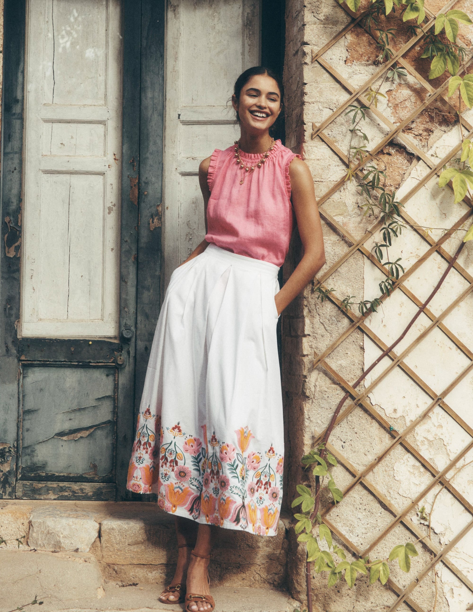 Verity Embroidered Linen Skirt-Ivory - Image 1