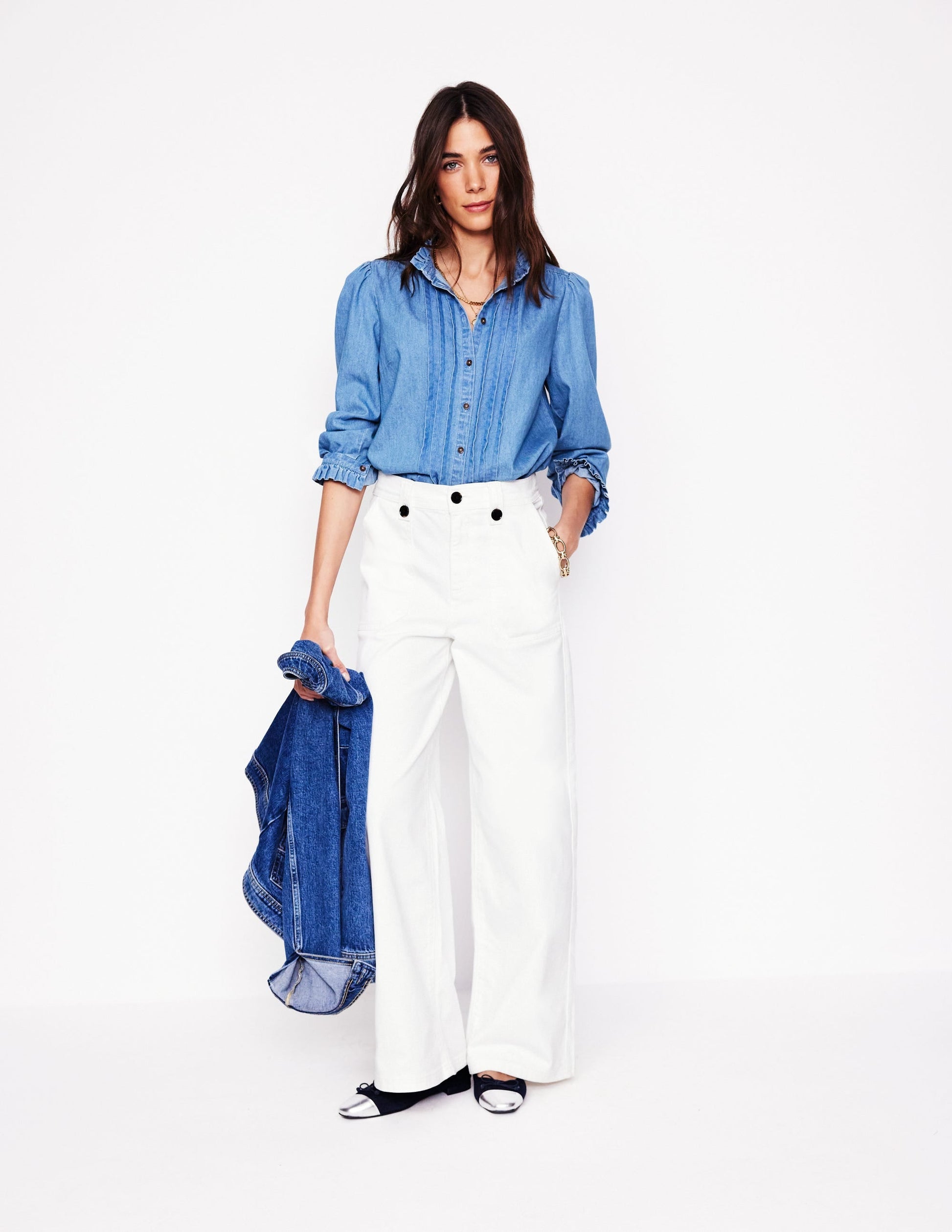 Mid Rise Button Detail Jeans-Ecru-1
