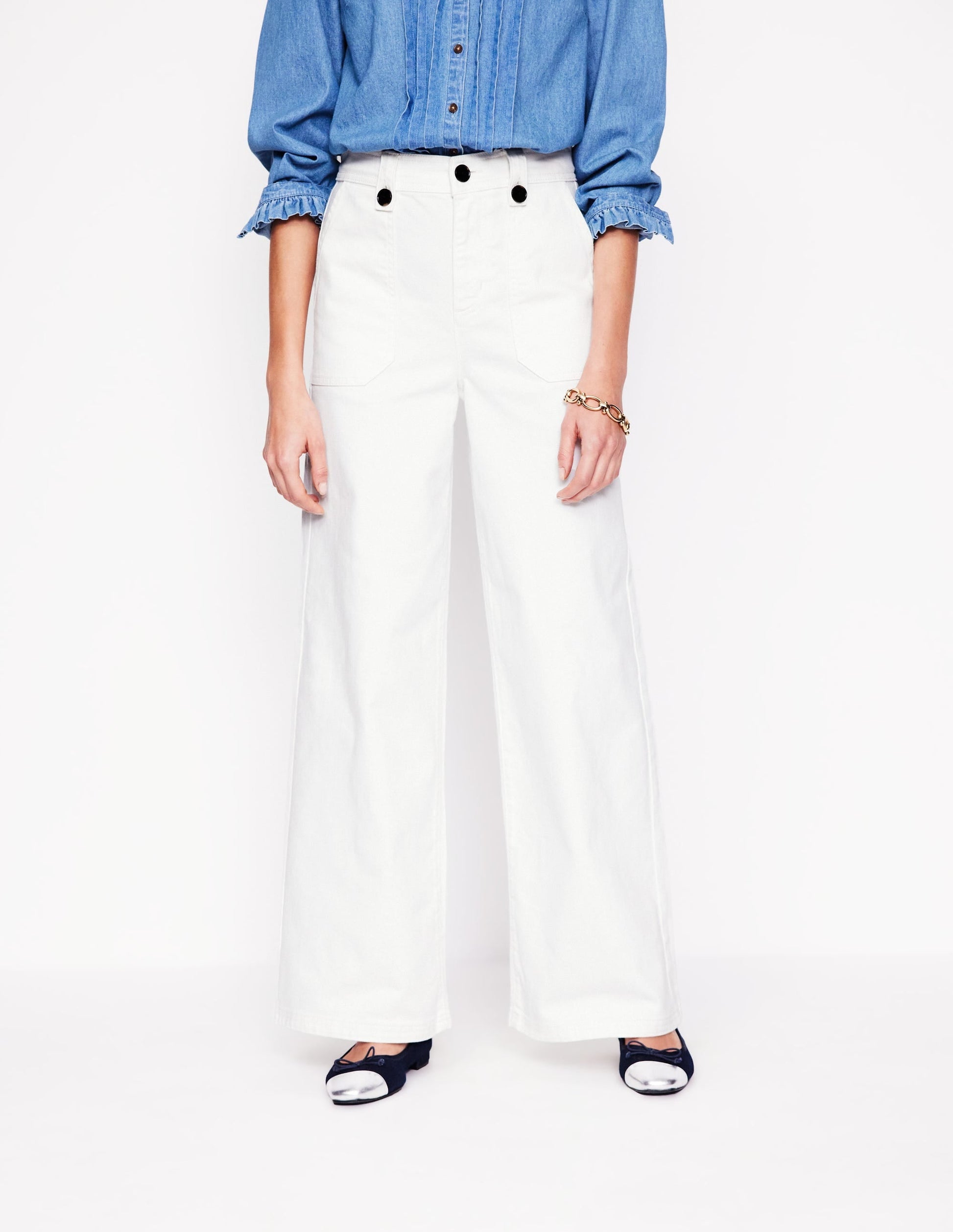 Mid Rise Button Detail Jeans-Ecru-4