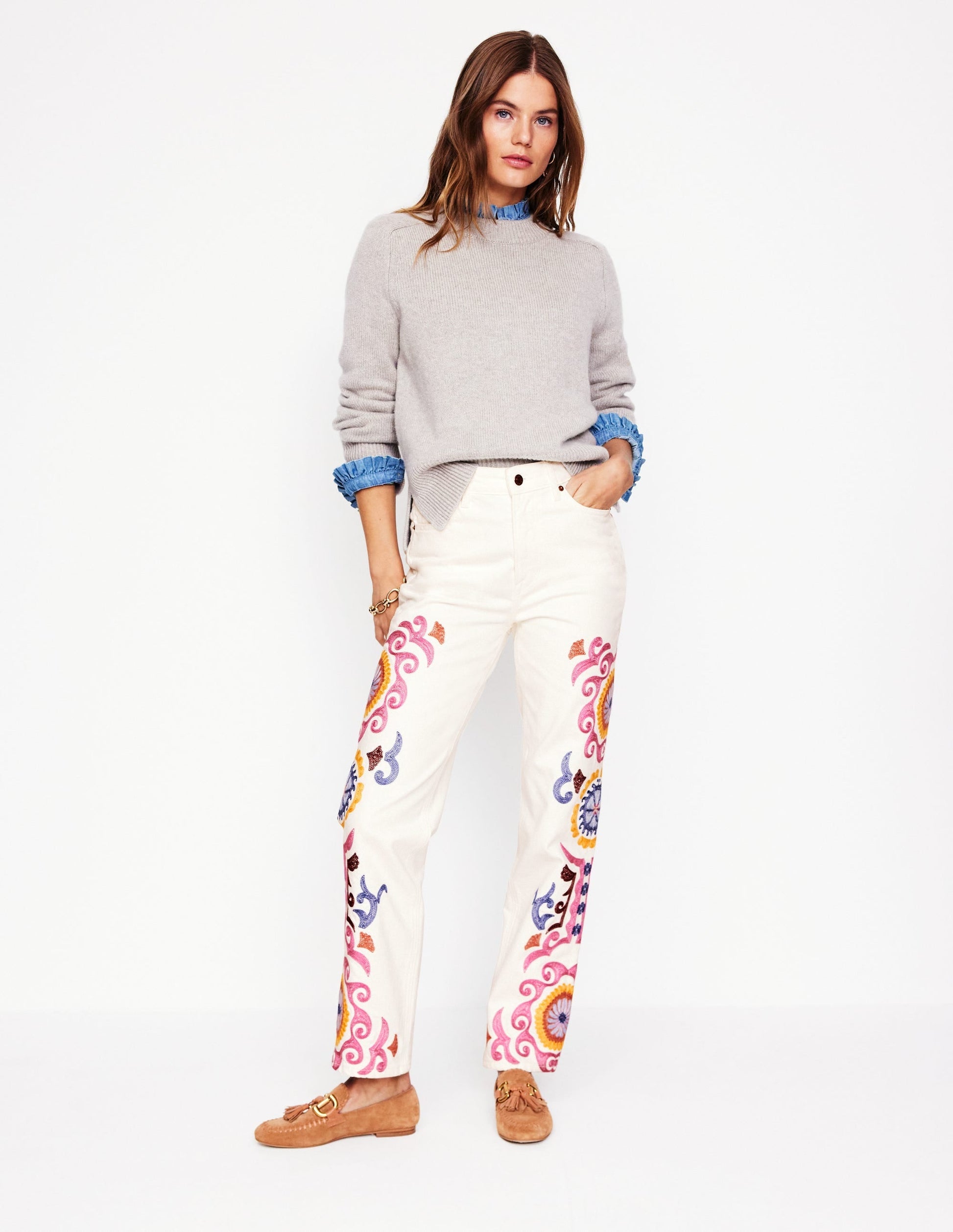 High Rise Embroidered Jeans-White Embroidery-1