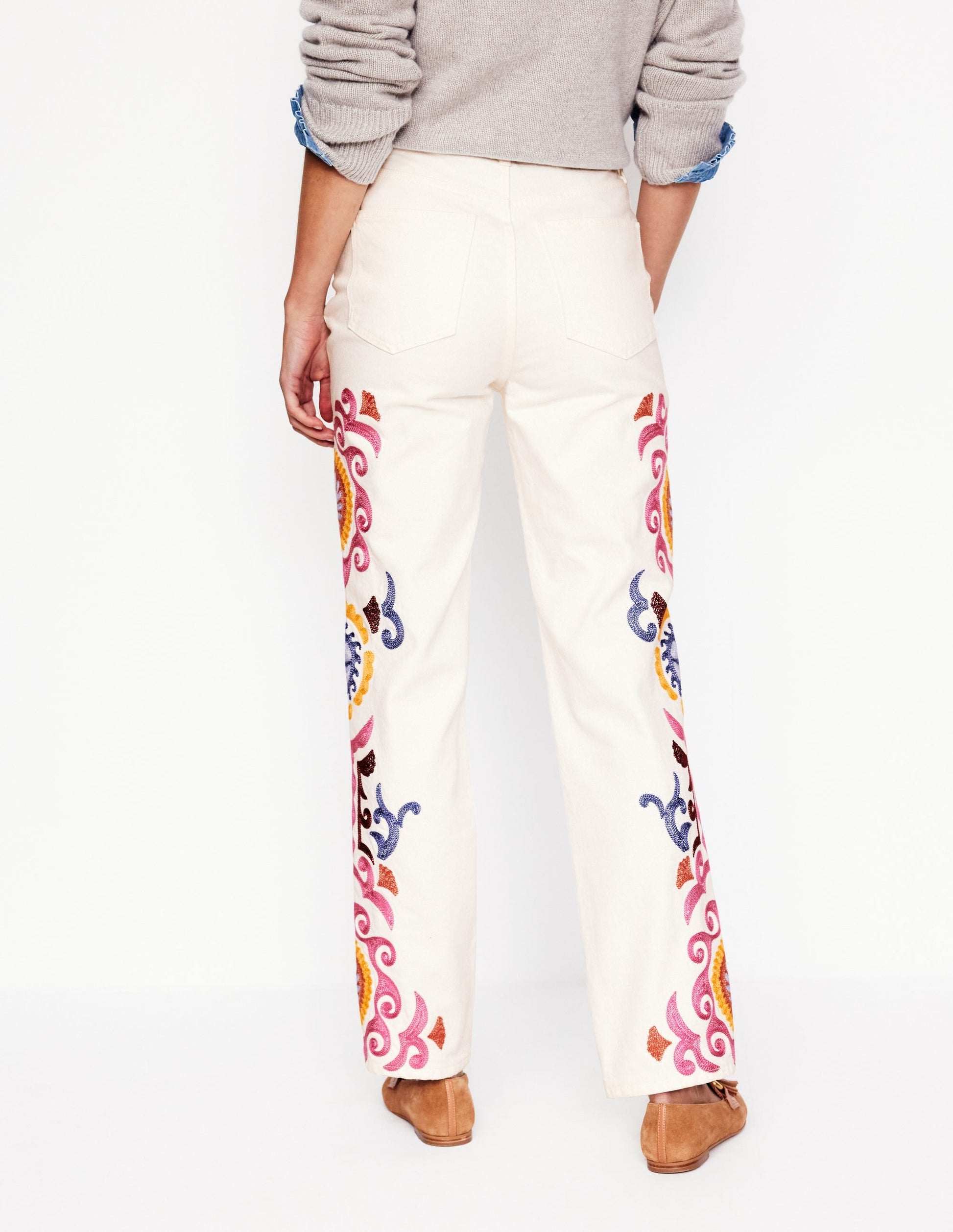 High Rise Embroidered Jeans-White Embroidery-4