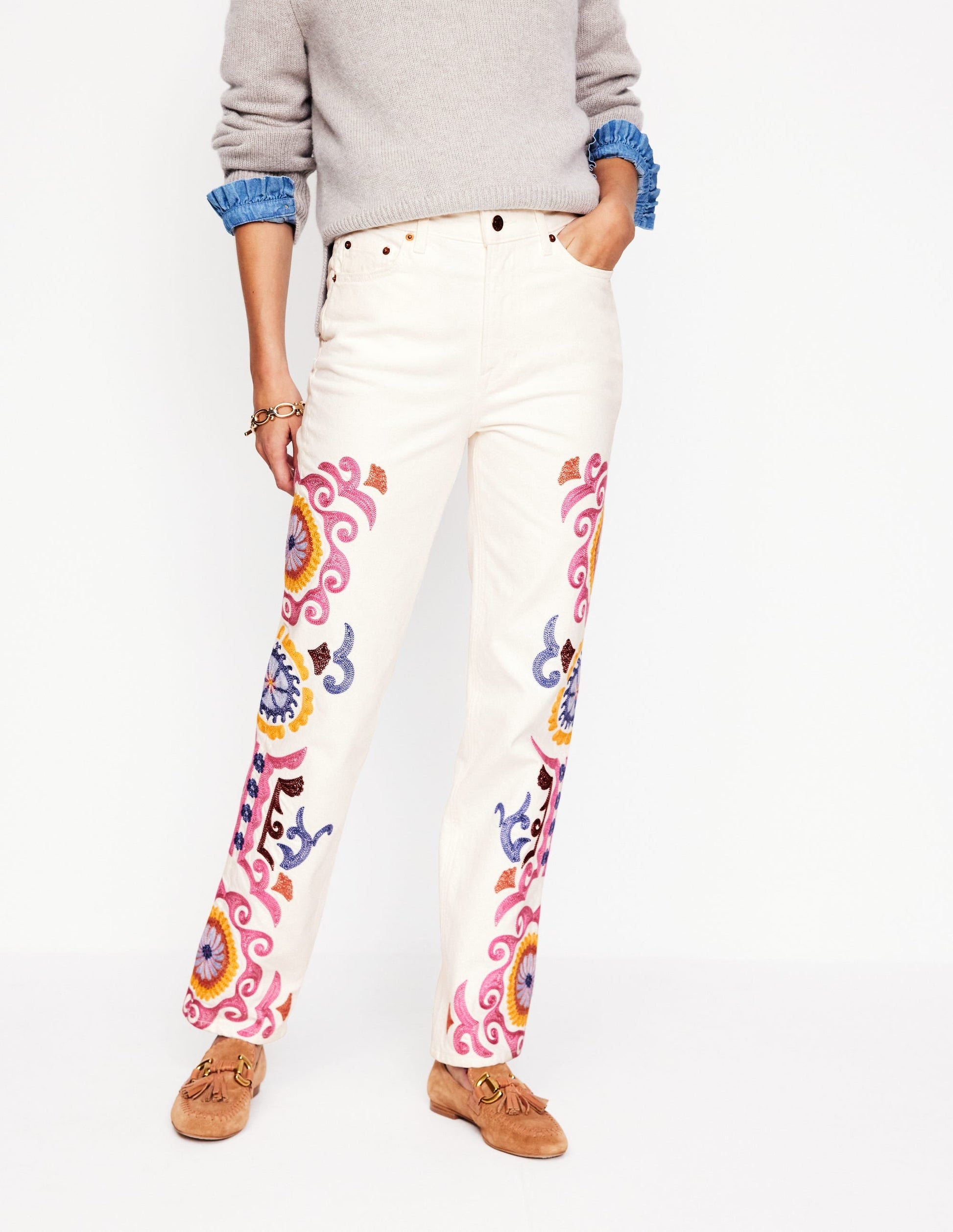 High Rise Embroidered Jeans-White Embroidery-5
