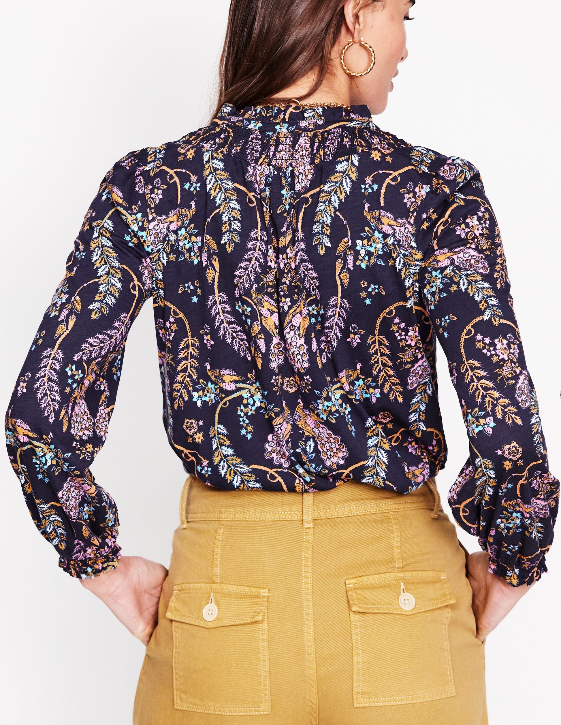 Fay Smocked Jersey Shirt-French Navy,Enchanting Peacock-4