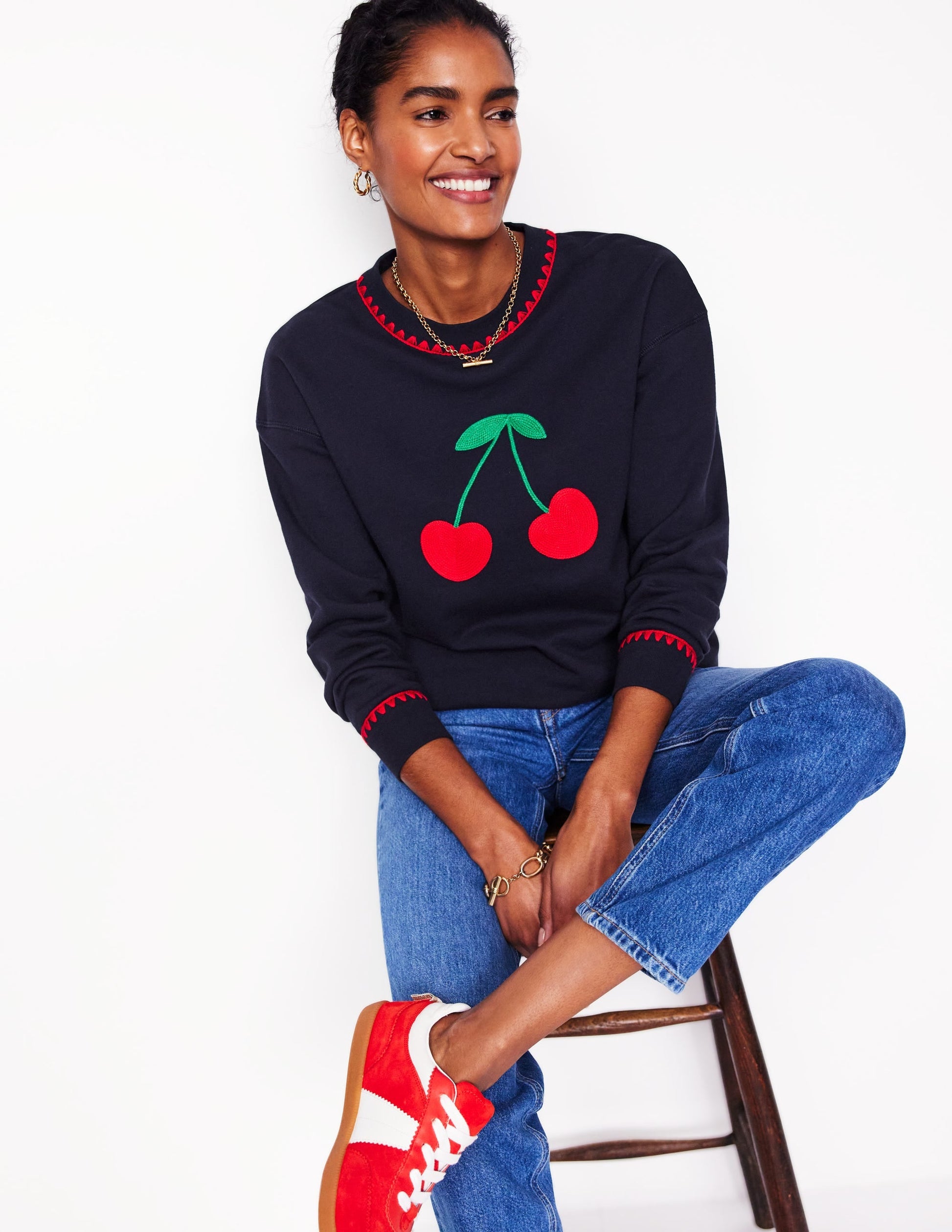 Emi Embroidered Sweatshirt-Navy, Cherries-1