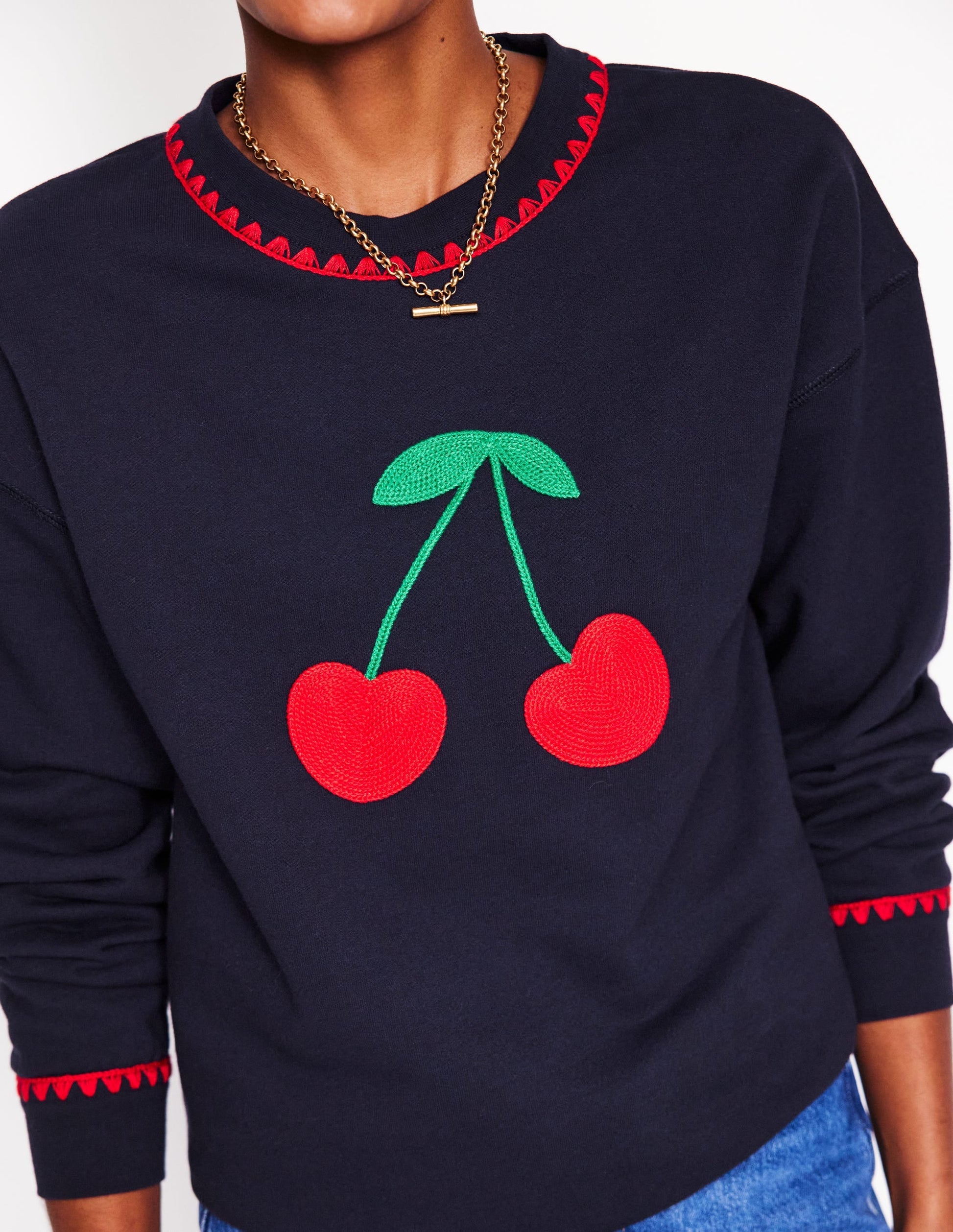 Emi Embroidered Sweatshirt-Navy, Cherries-2