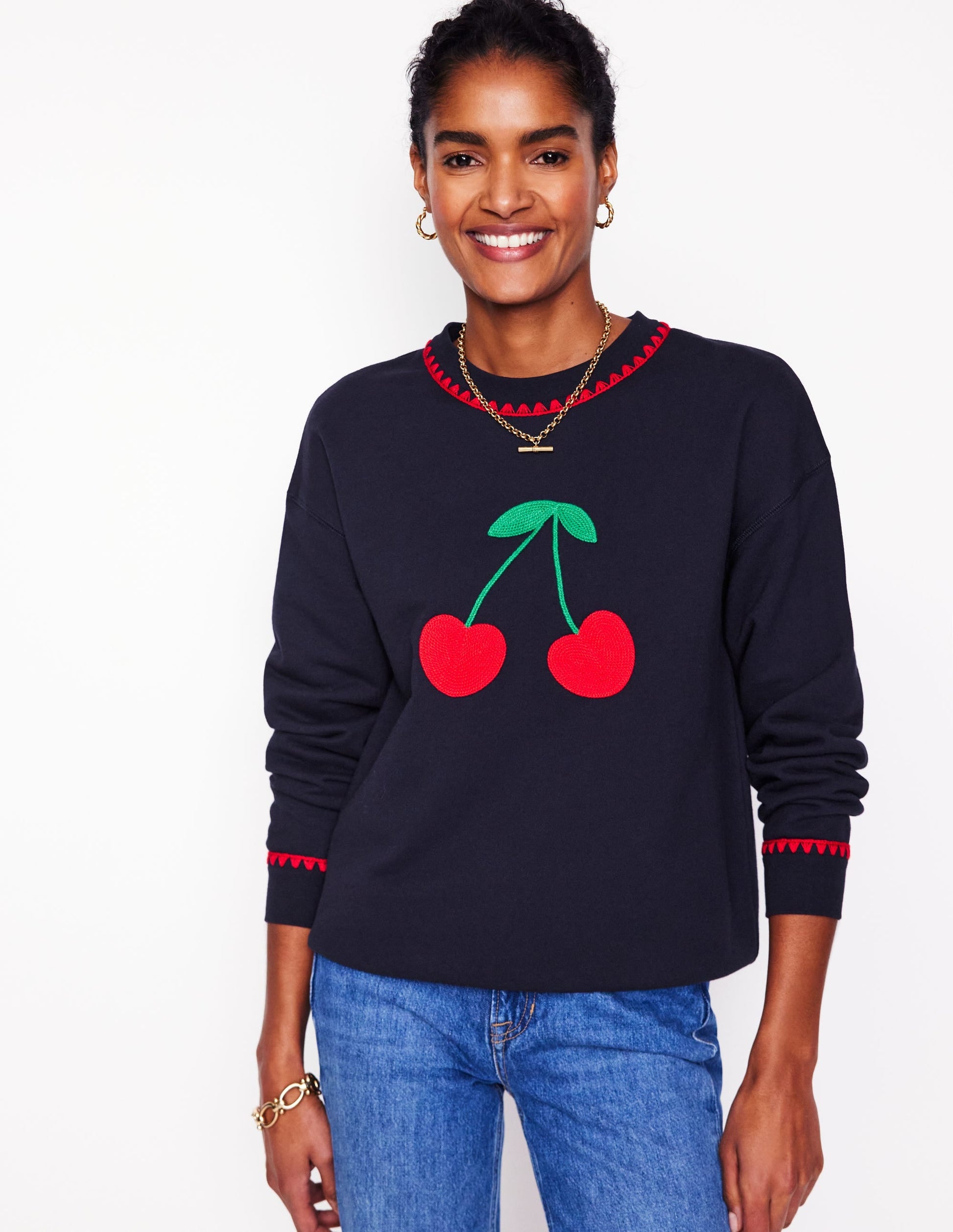 Emi Embroidered Sweatshirt-Navy, Cherries-4