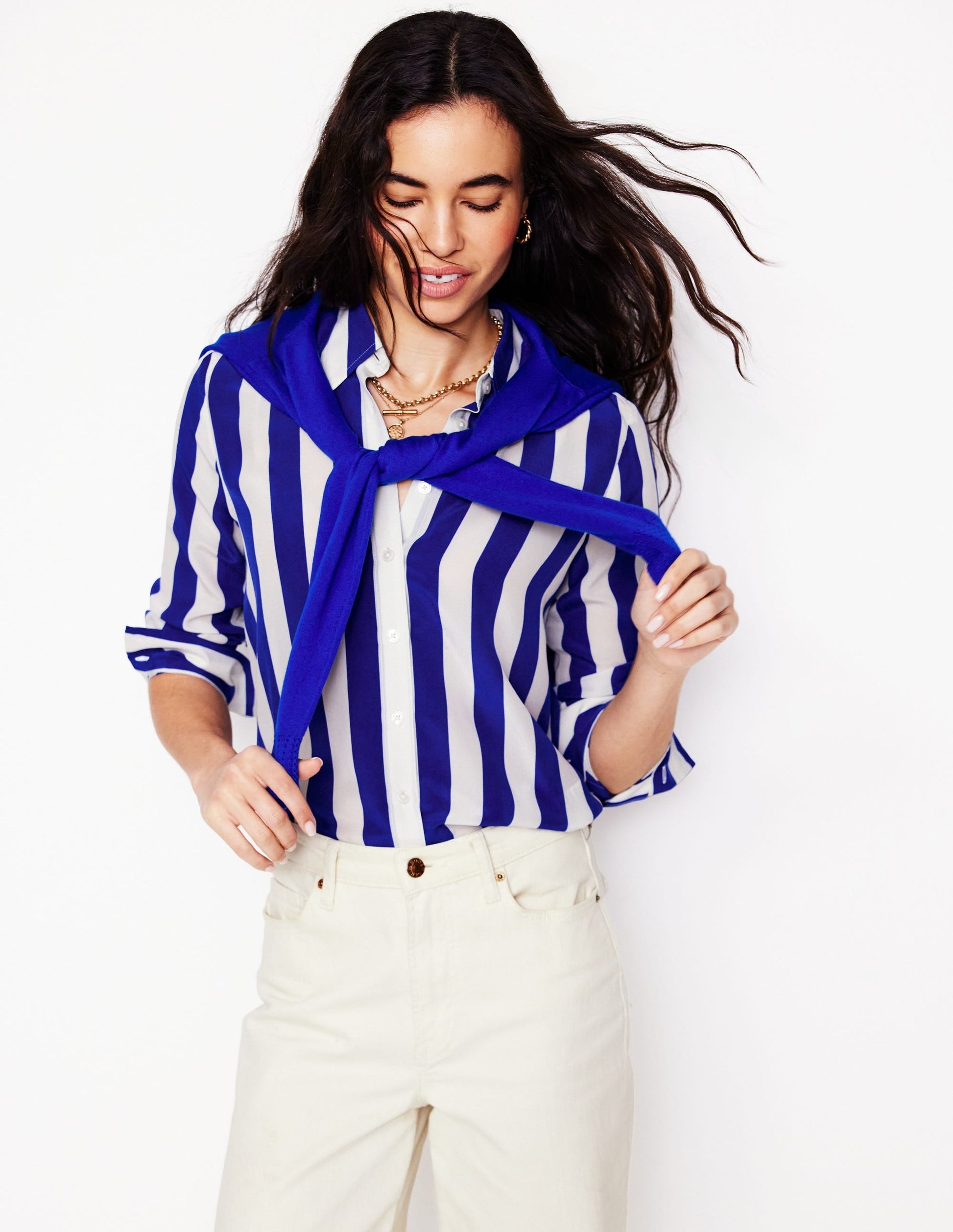 Sienna Silk Shirt-Bright Blue Wide Stripe-5