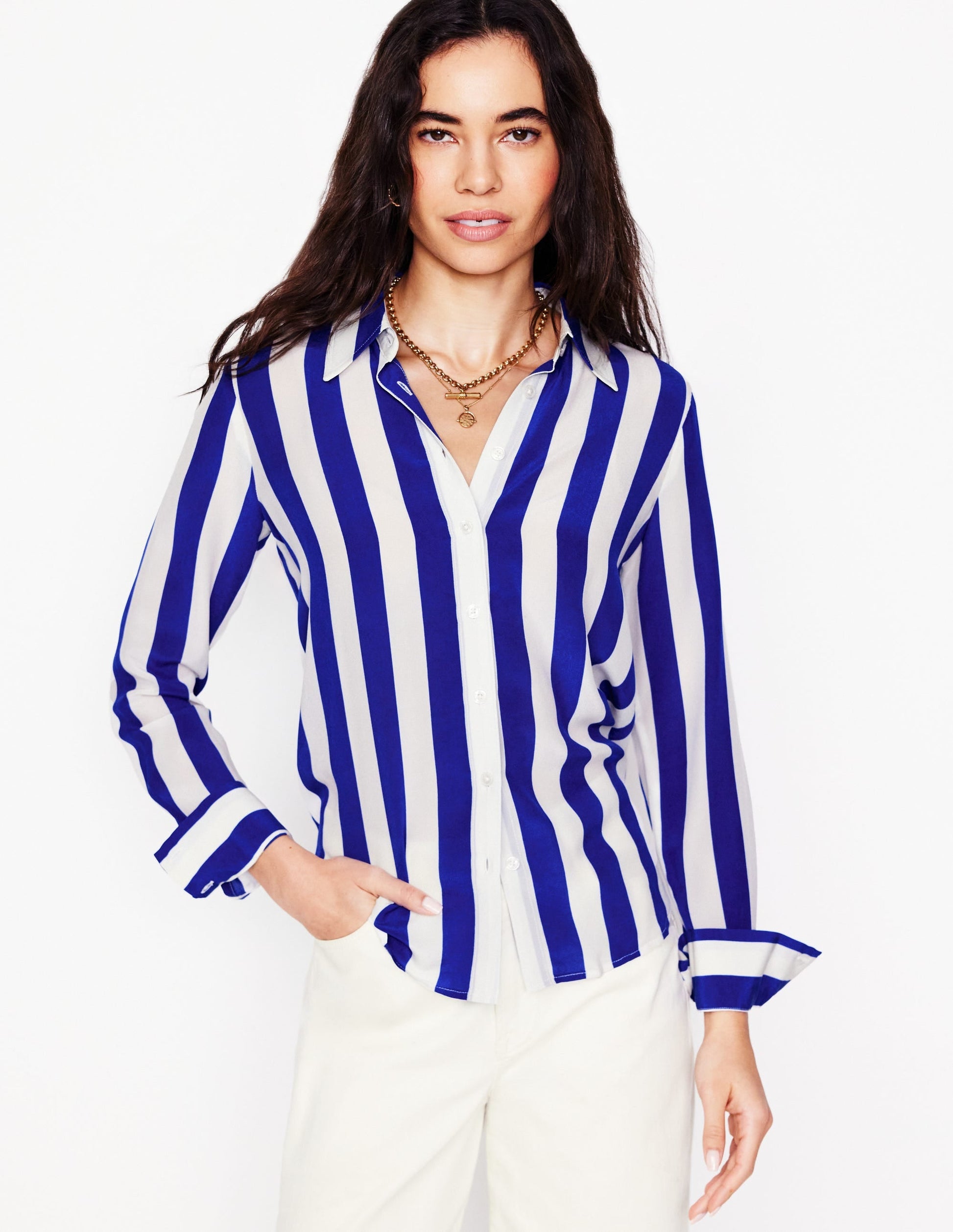 Sienna Silk Shirt-Bright Blue Wide Stripe-6