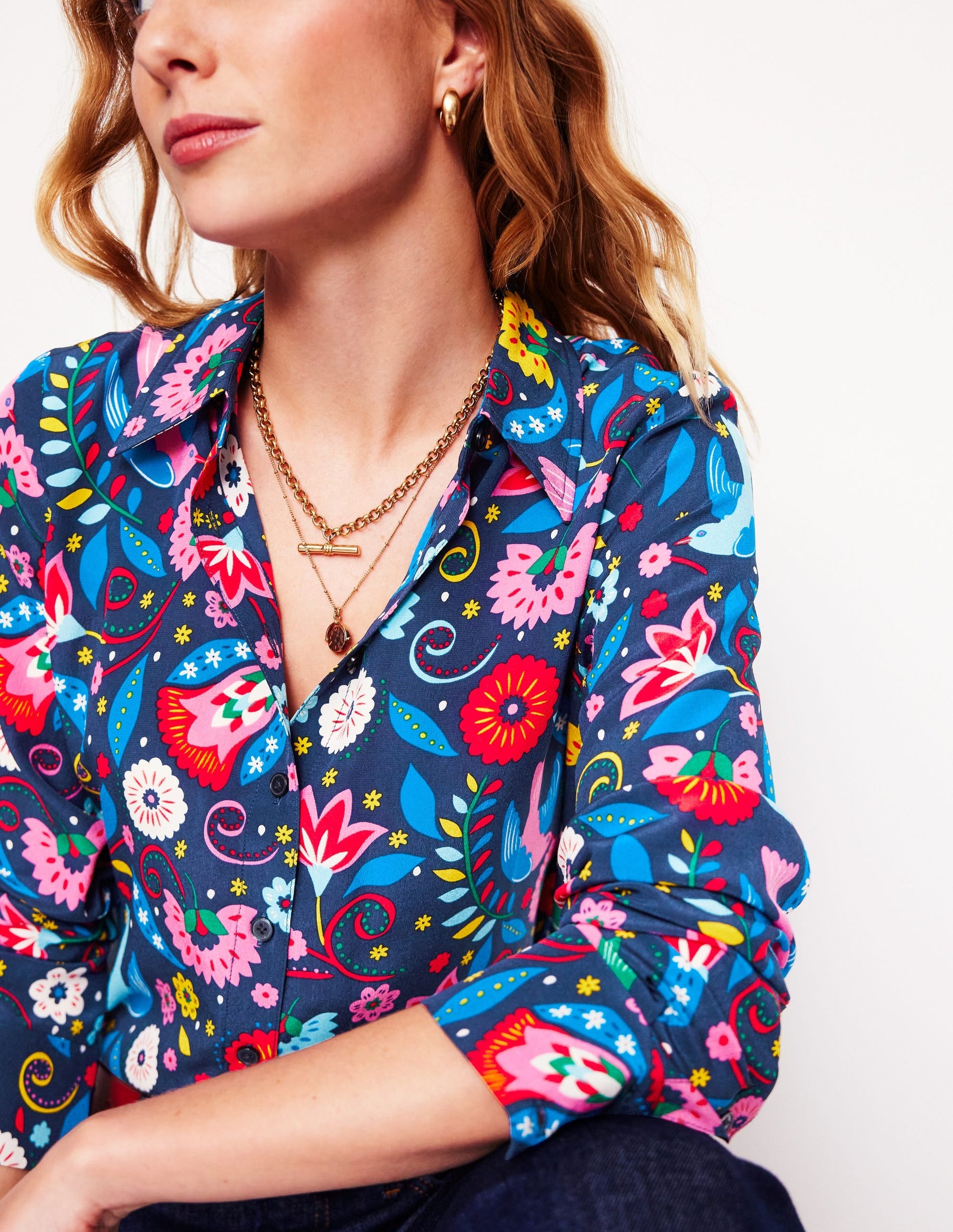Sienna Silk Shirt-French Navy, Decorative Garden-3