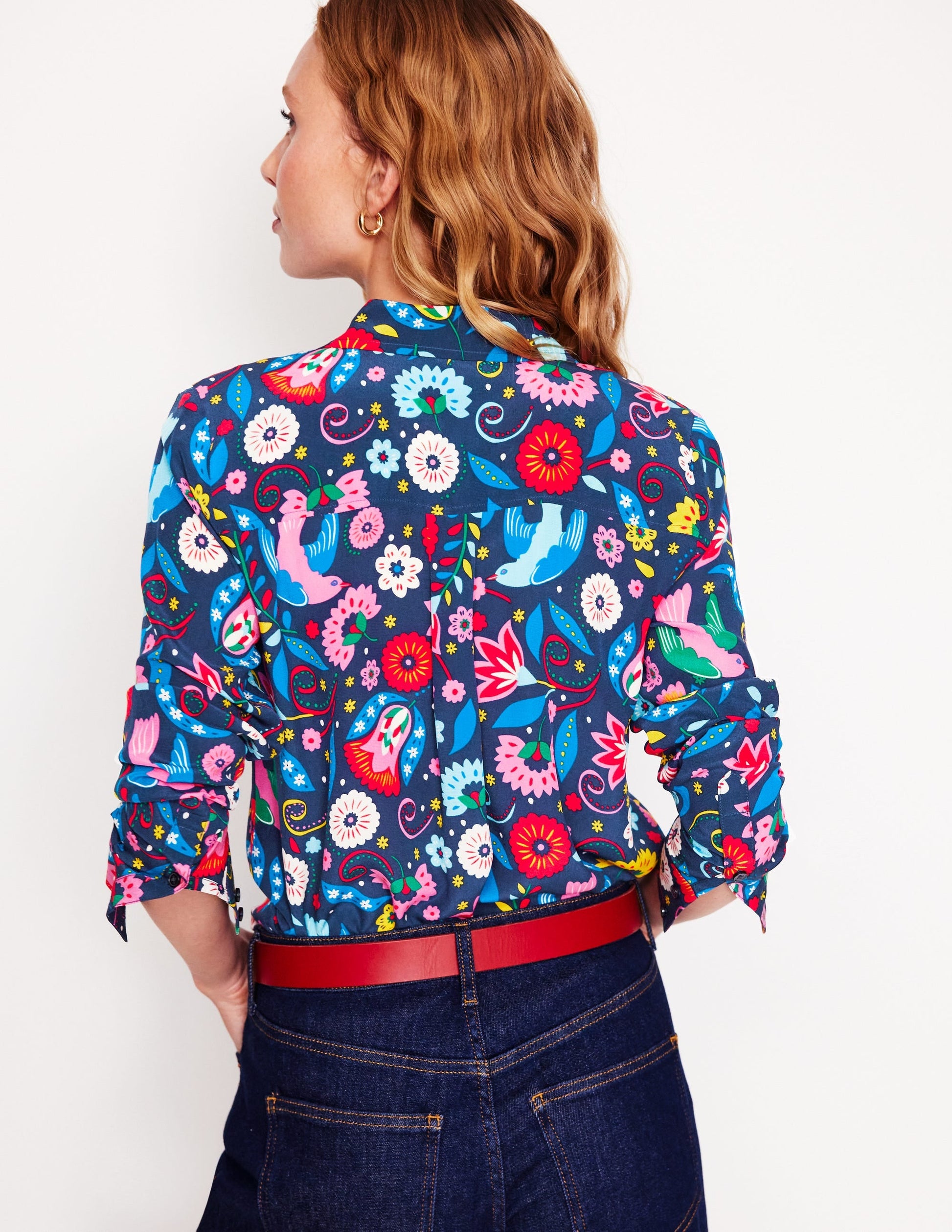 Sienna Silk Shirt-French Navy, Decorative Garden-4