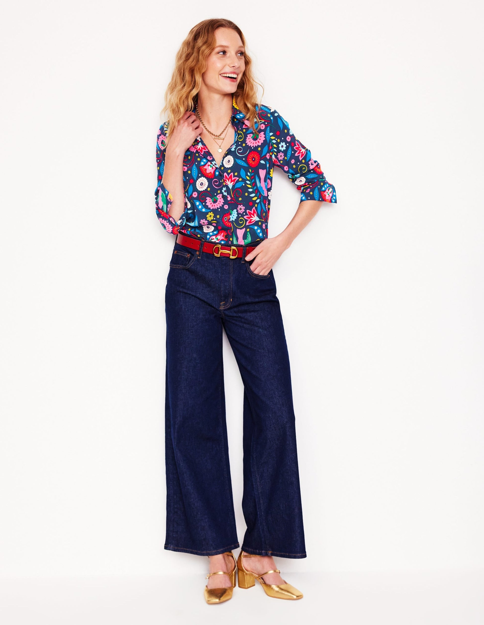 Sienna Silk Shirt-French Navy, Decorative Garden-5