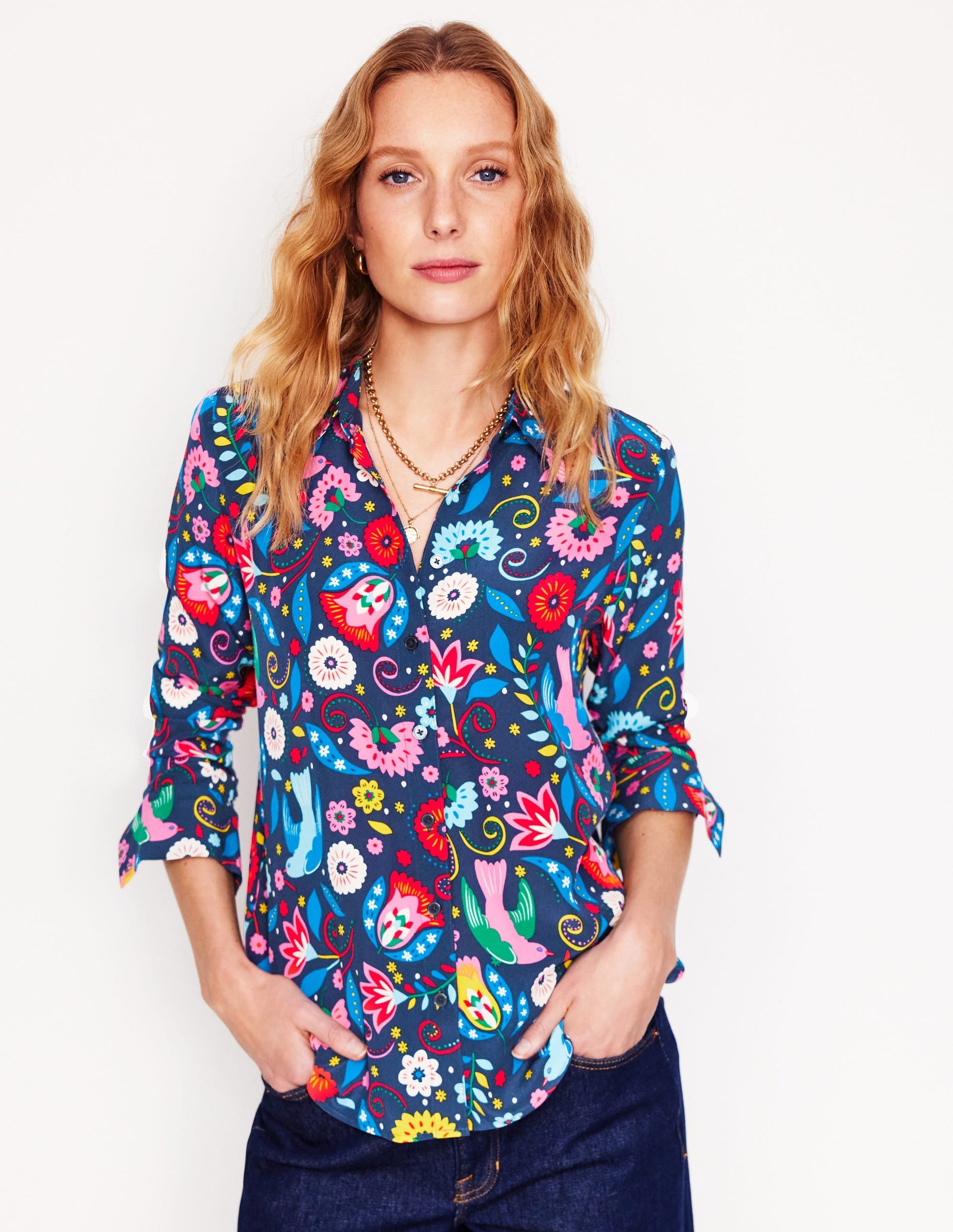 Sienna Silk Shirt-French Navy, Decorative Garden-6