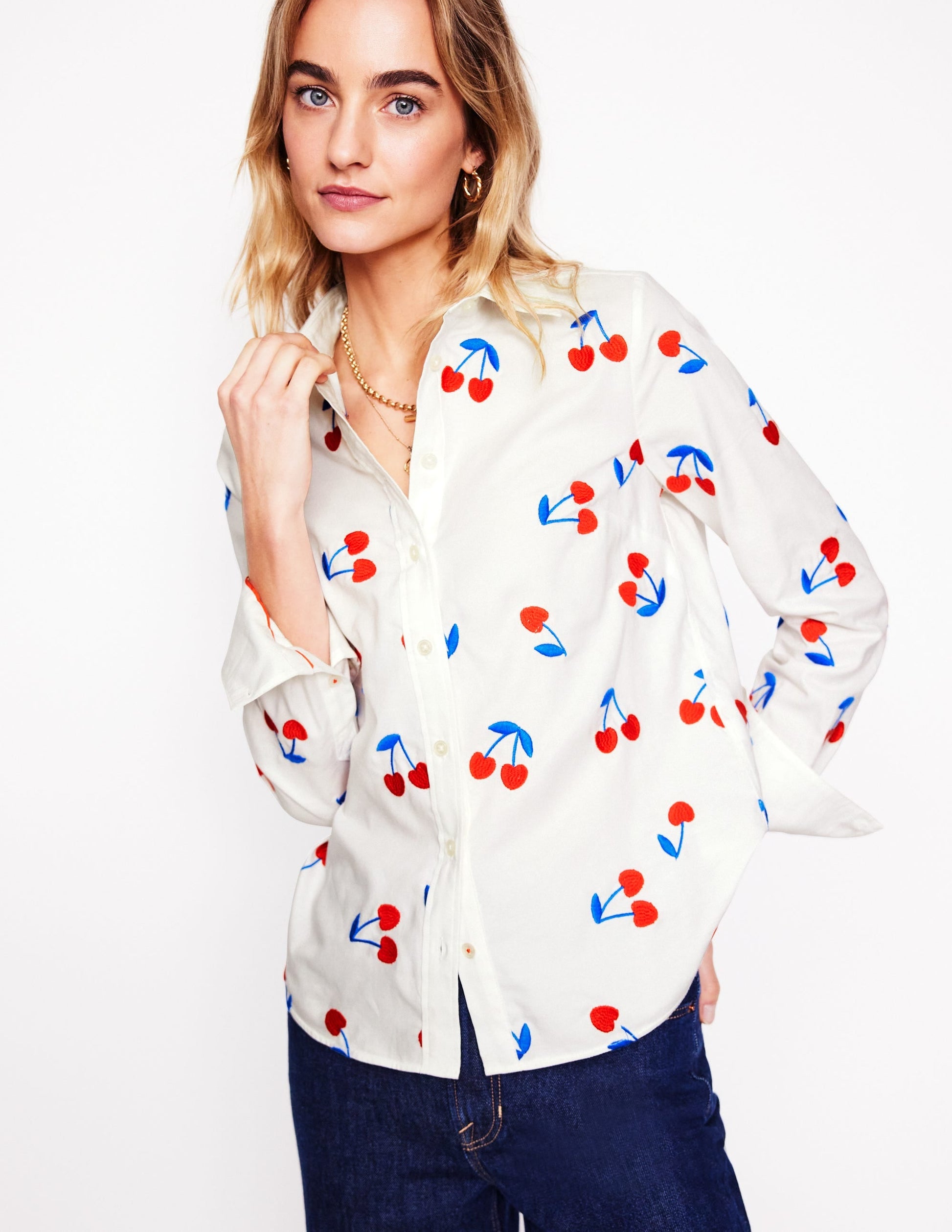 Sienna Embroidered Shirt-White, Cherries-1