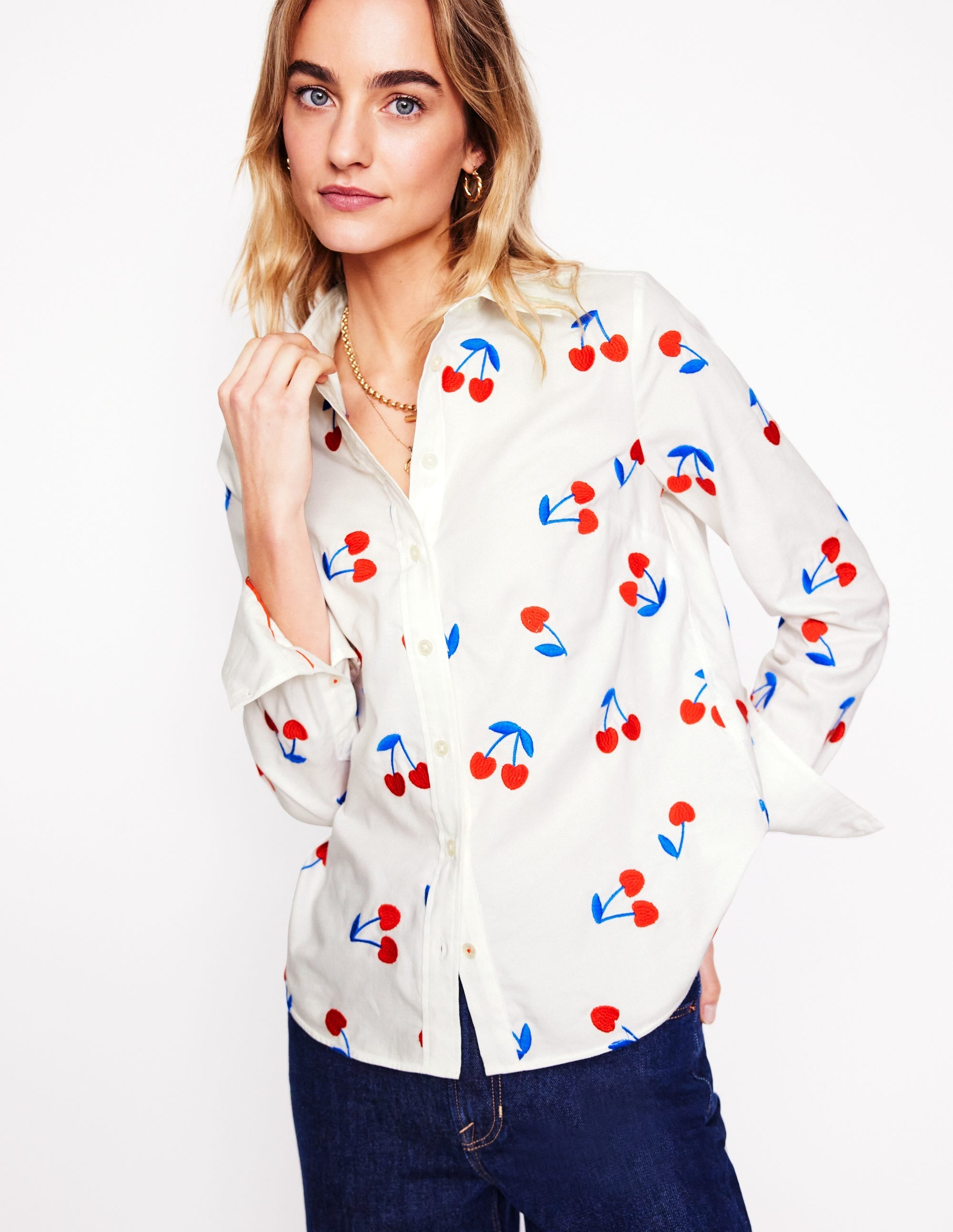 Sienna Embroidered Shirt-White, Cherries - Image 1