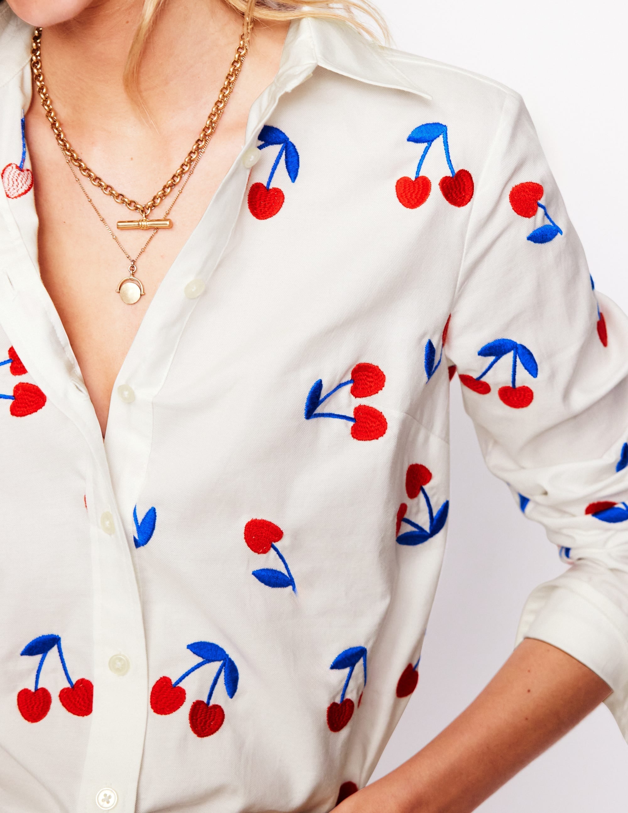 Sienna Embroidered Shirt-White, Cherries - Image 2