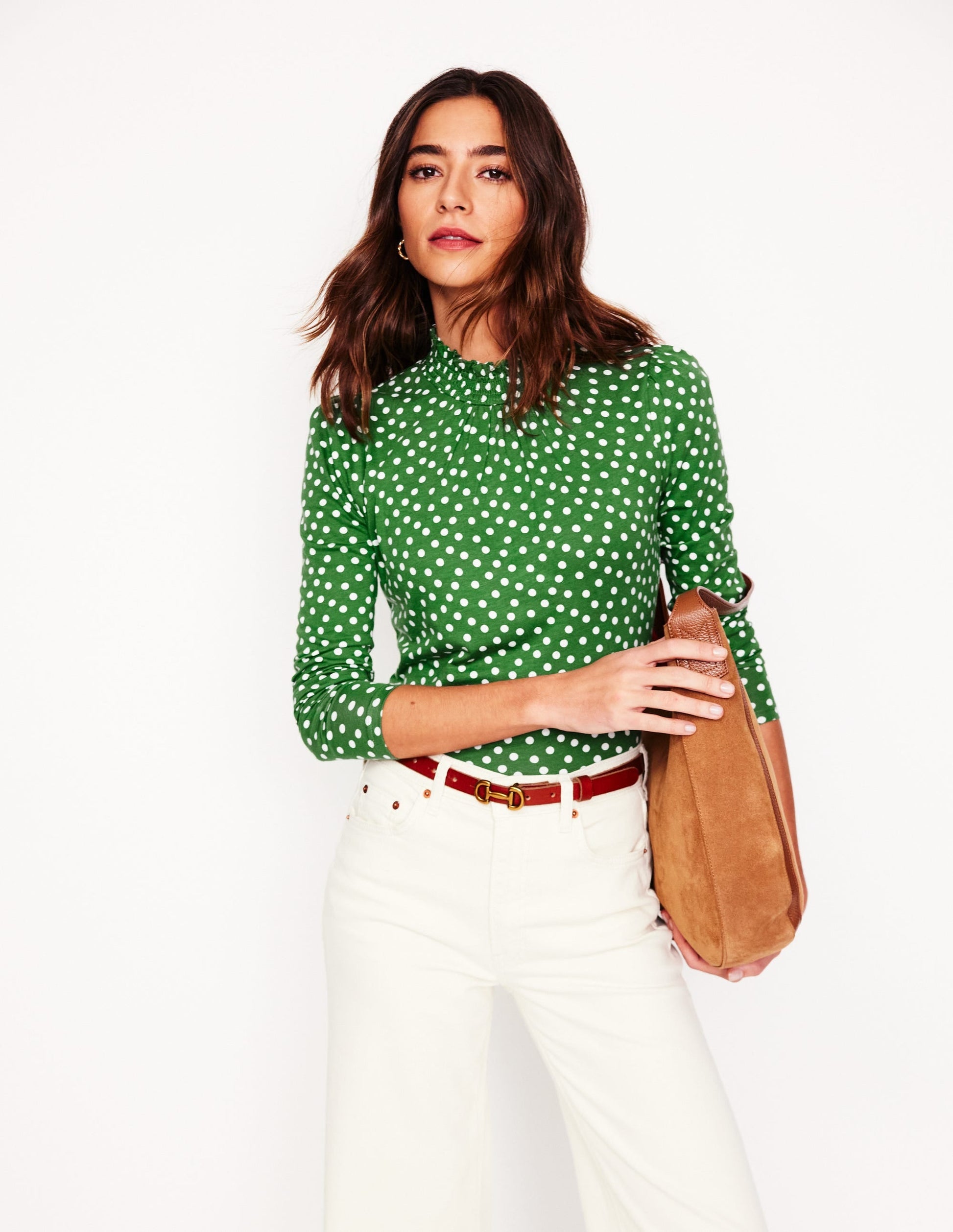 Smocked Neck Printed Top-Promenade Green, Abstract Dot-1