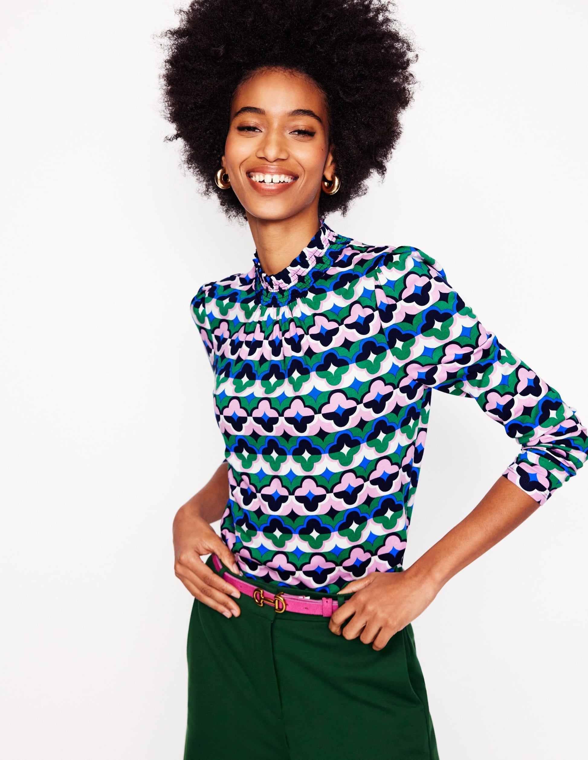 Smocked Neck Printed Top-Rich Emerald, Lucky Clover-1