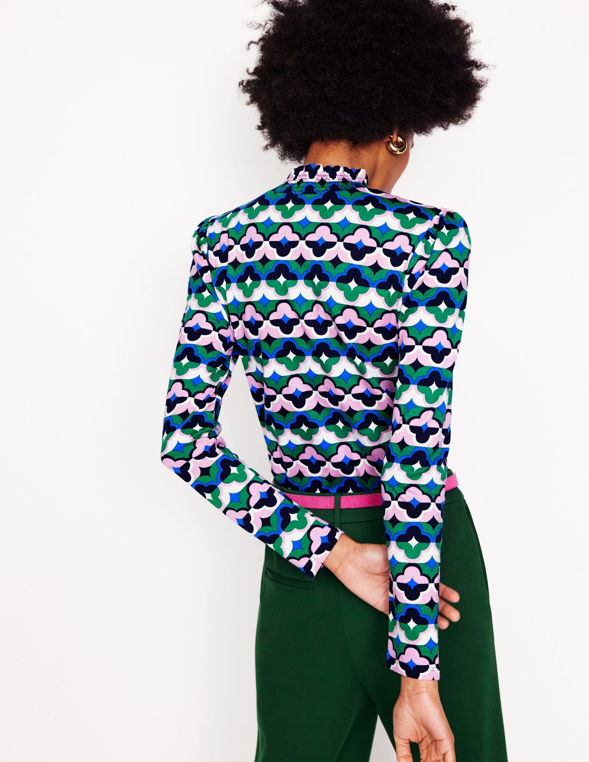 Smocked Neck Printed Top-Rich Emerald, Lucky Clover-2