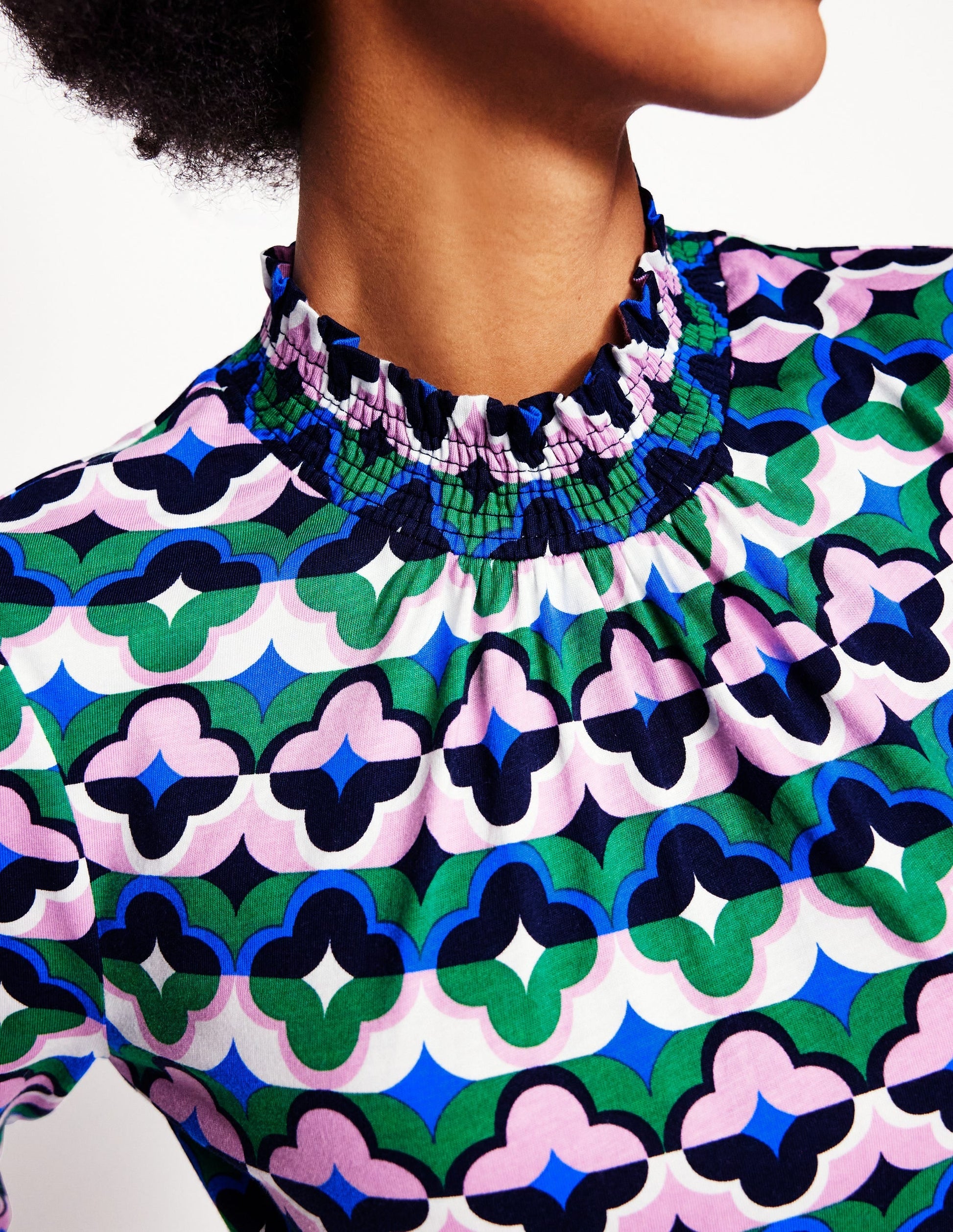 Smocked Neck Printed Top-Rich Emerald, Lucky Clover-3