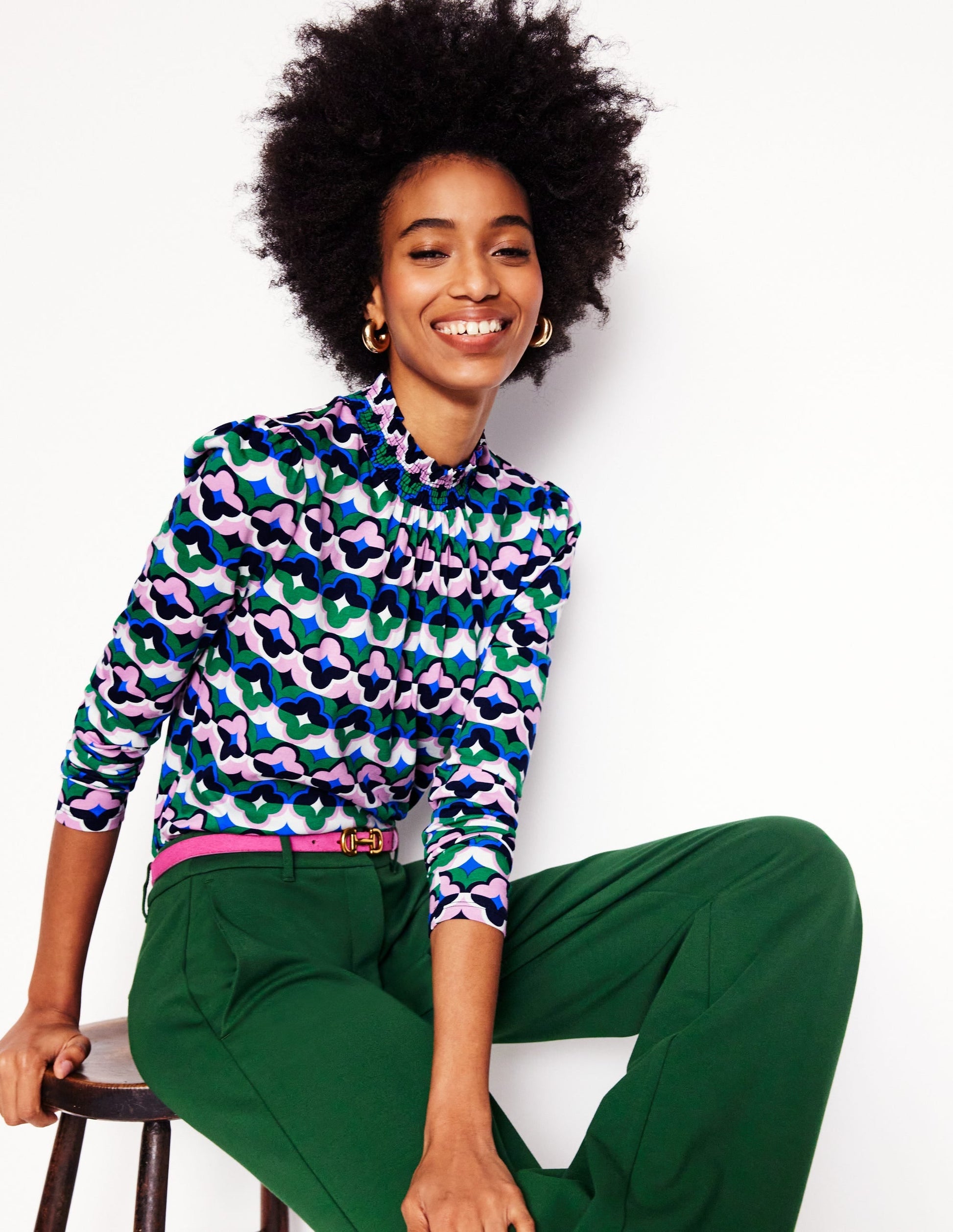 Smocked Neck Printed Top-Rich Emerald, Lucky Clover-4