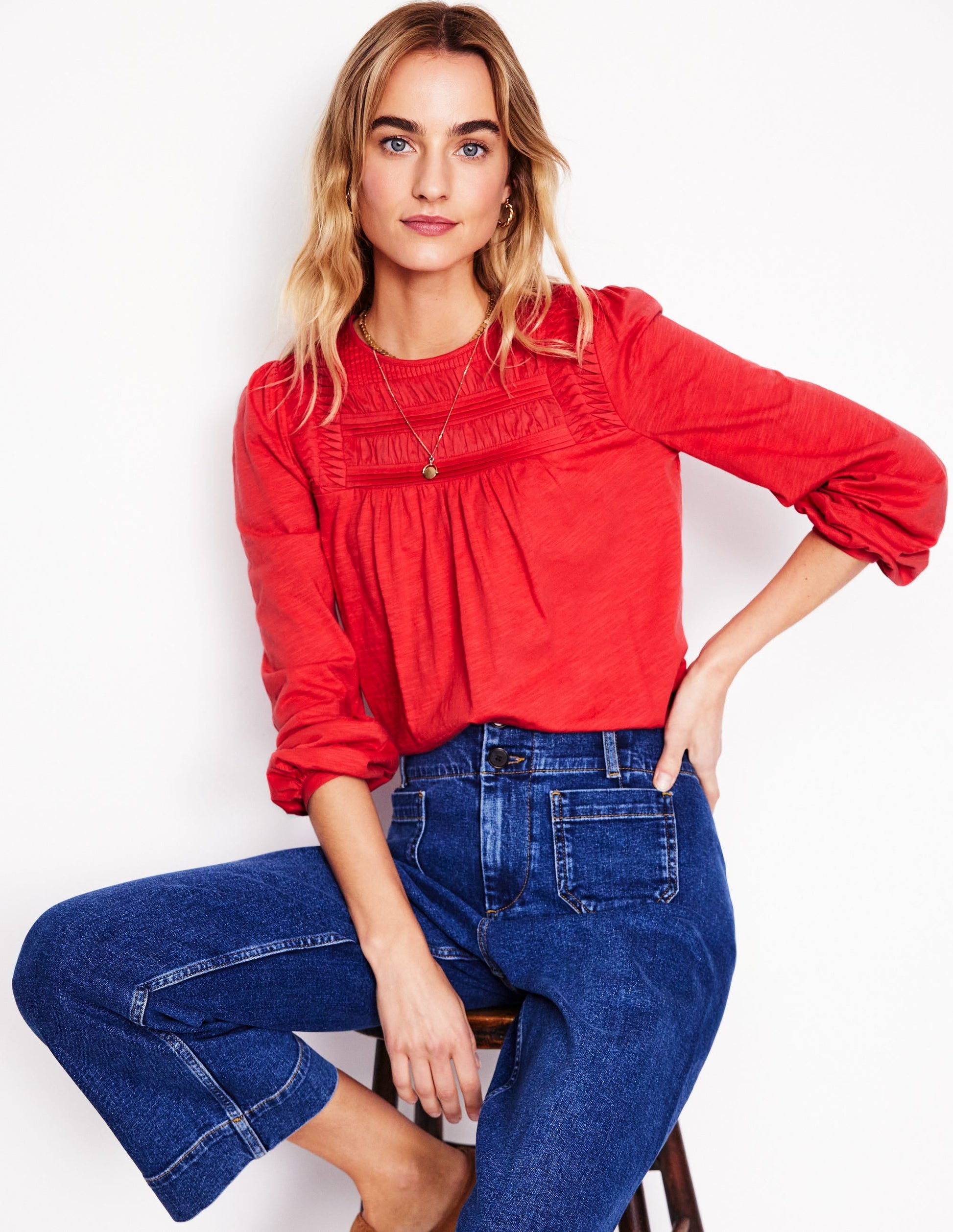 Pintuck Yoke Top-Berry Red-1