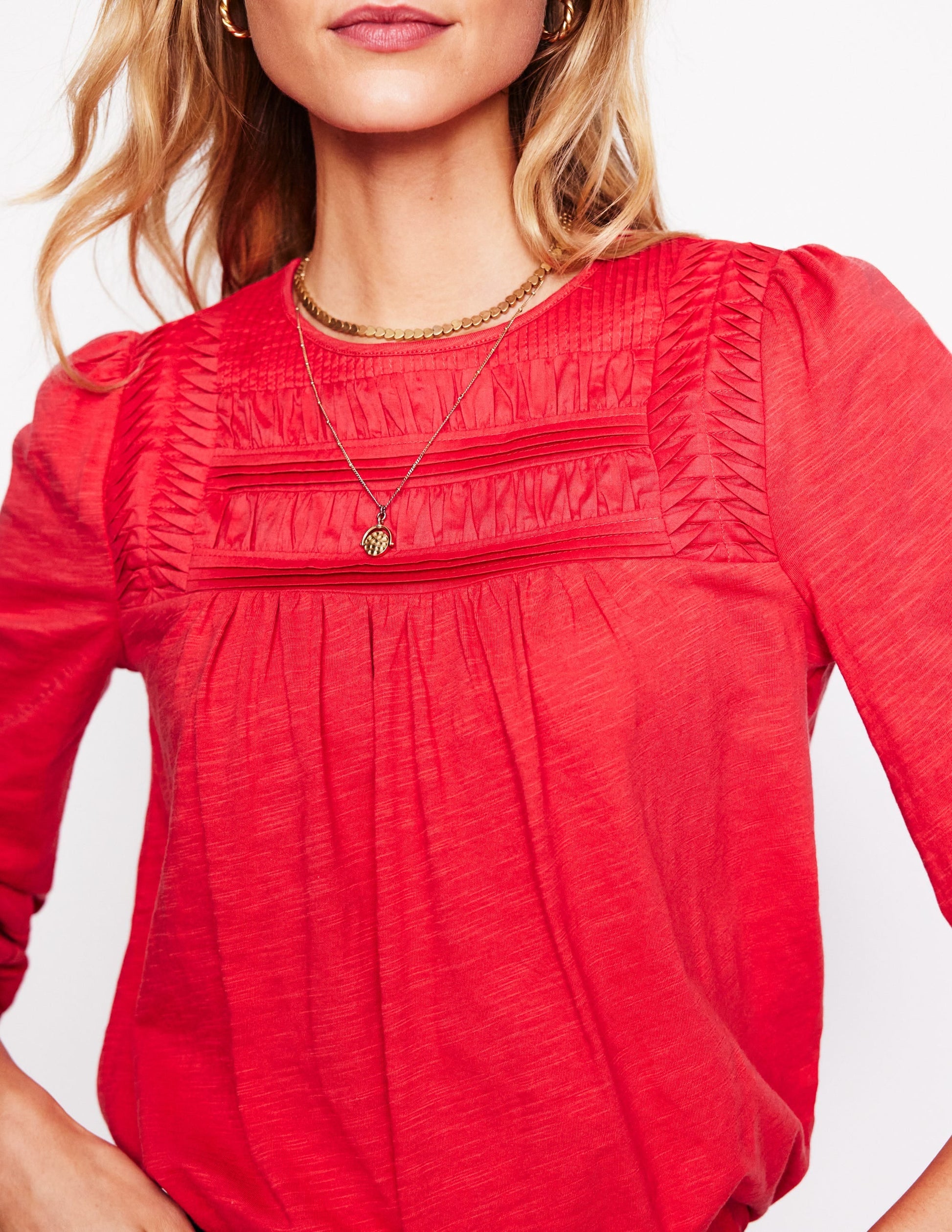 Pintuck Yoke Top-Berry Red-2