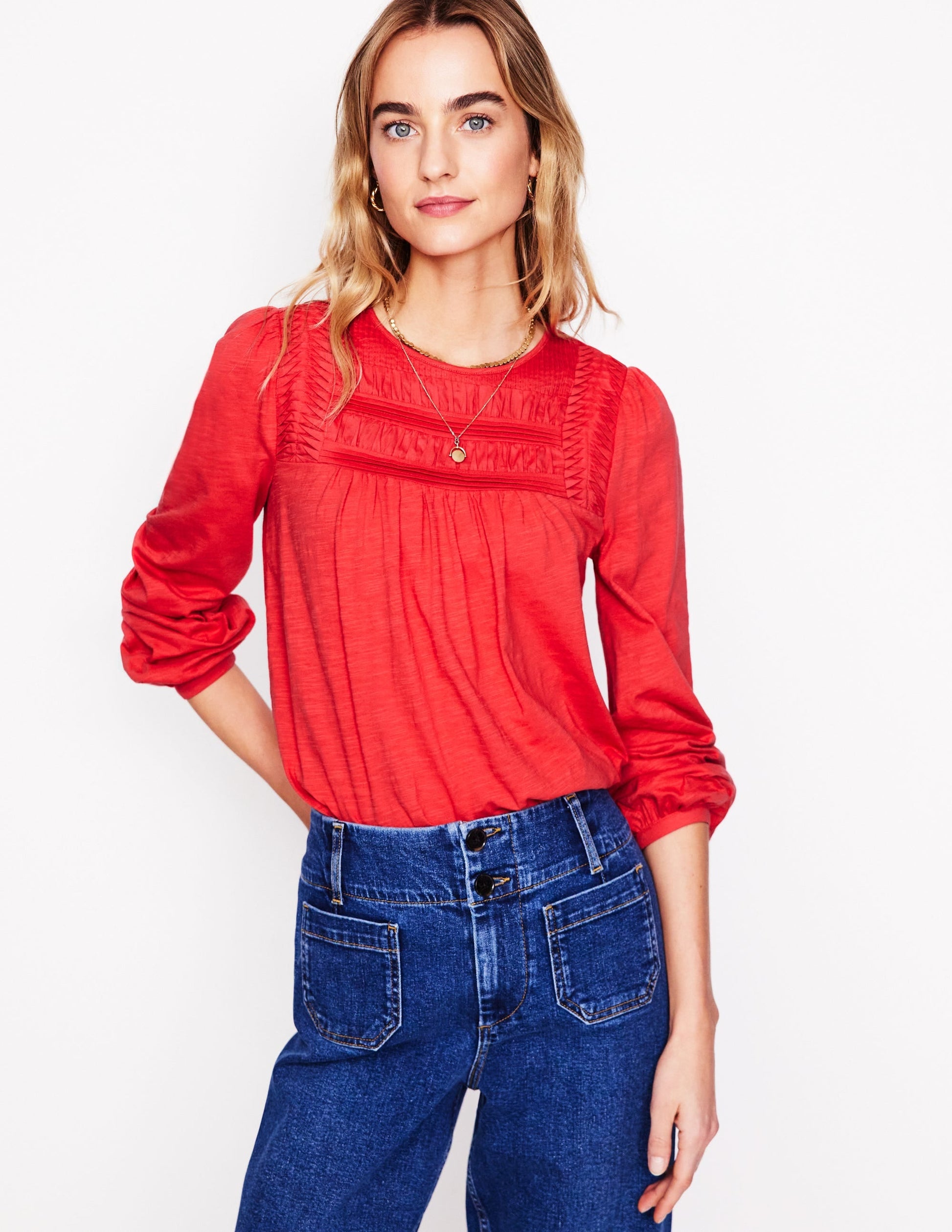 Pintuck Yoke Top-Berry Red-4