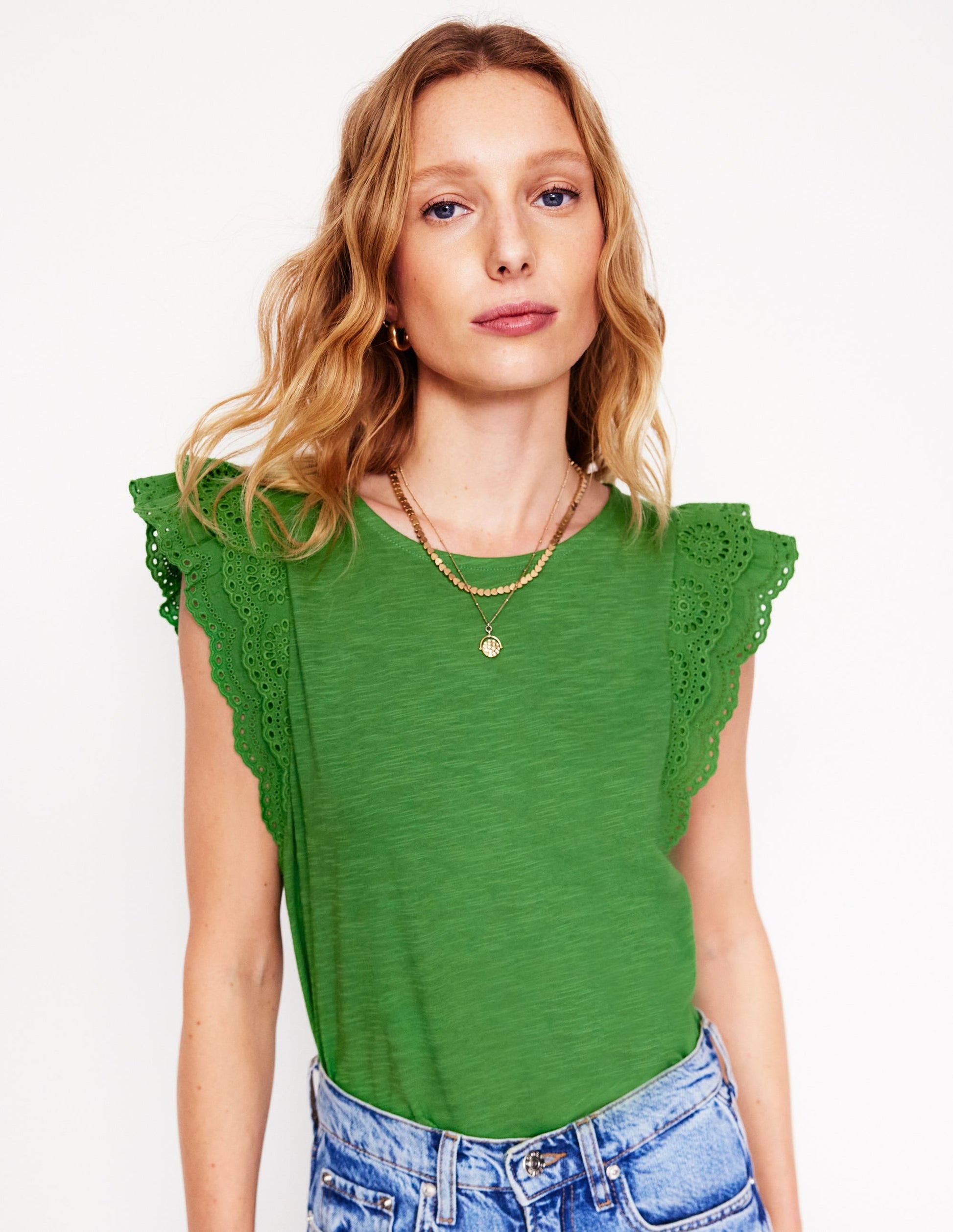 Belle Broderie Sleeve Top-Paradise Green-1