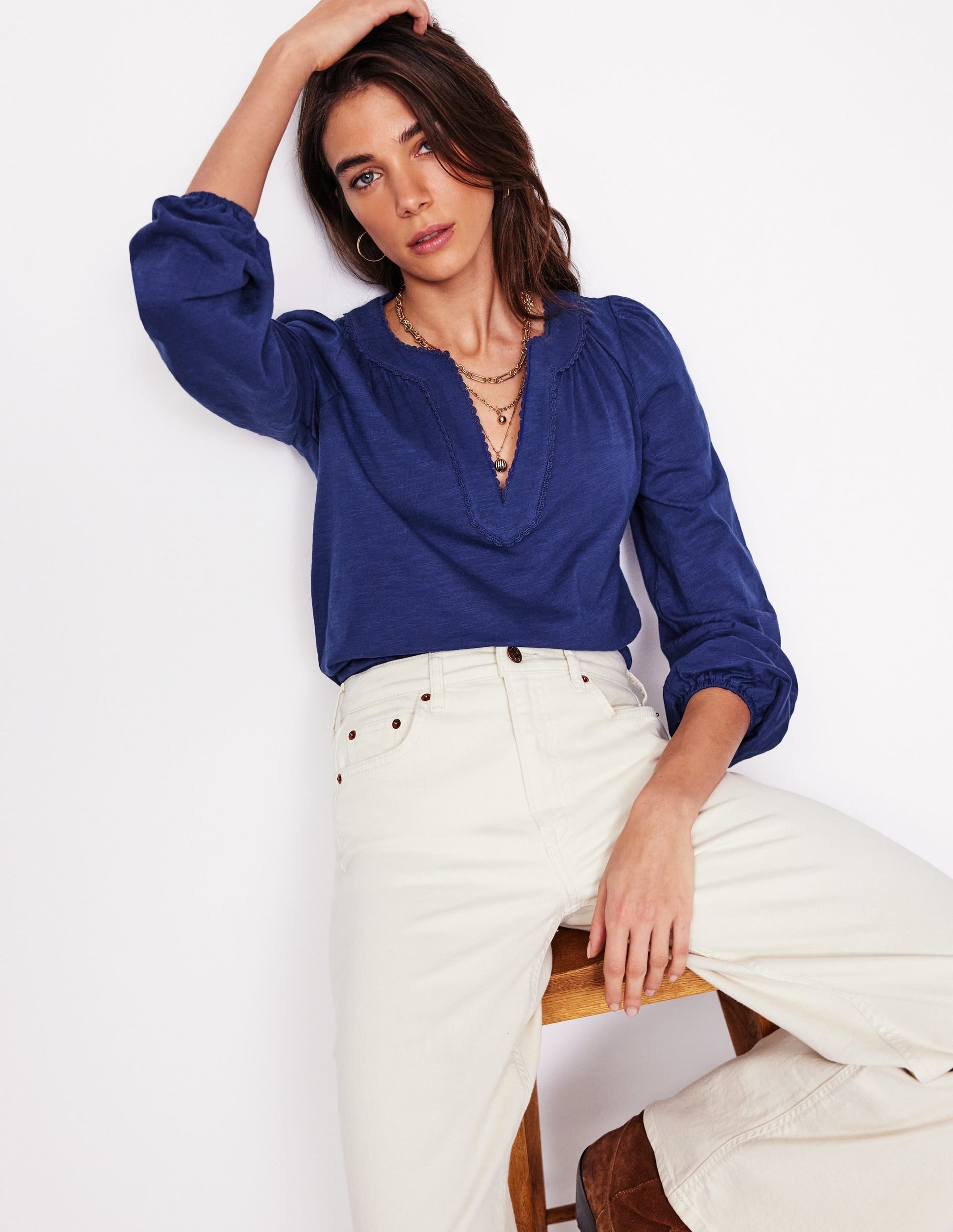 Ava Long Sleeve Trim Top-Starboard Blue-1
