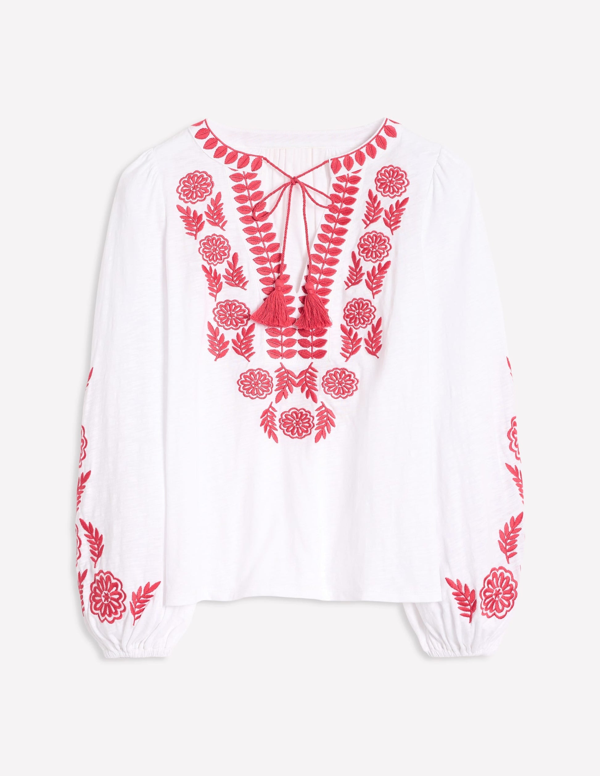 Nia Embroidered Top-White, Berry Red-6