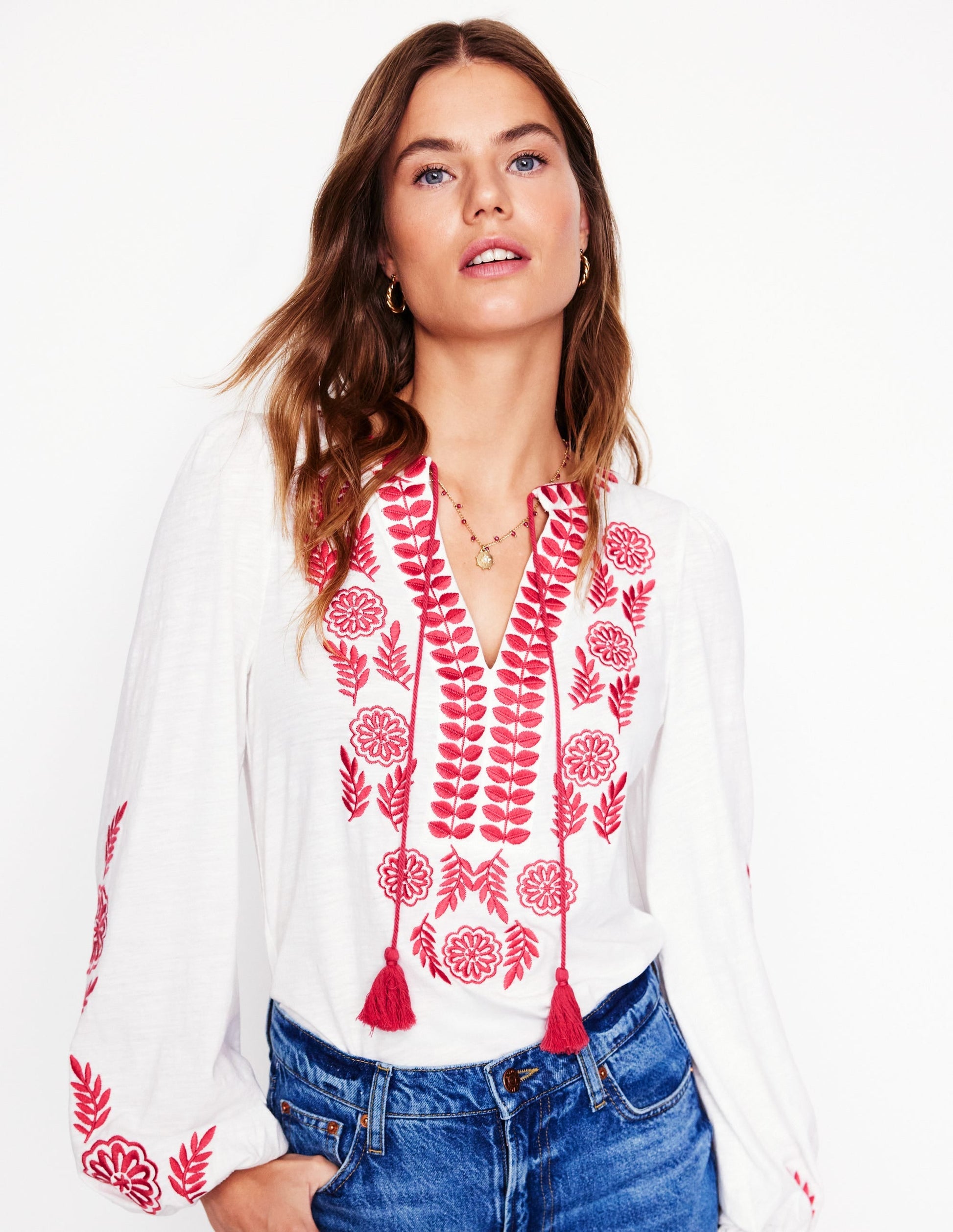 Nia Embroidered Top-White, Berry Red-1