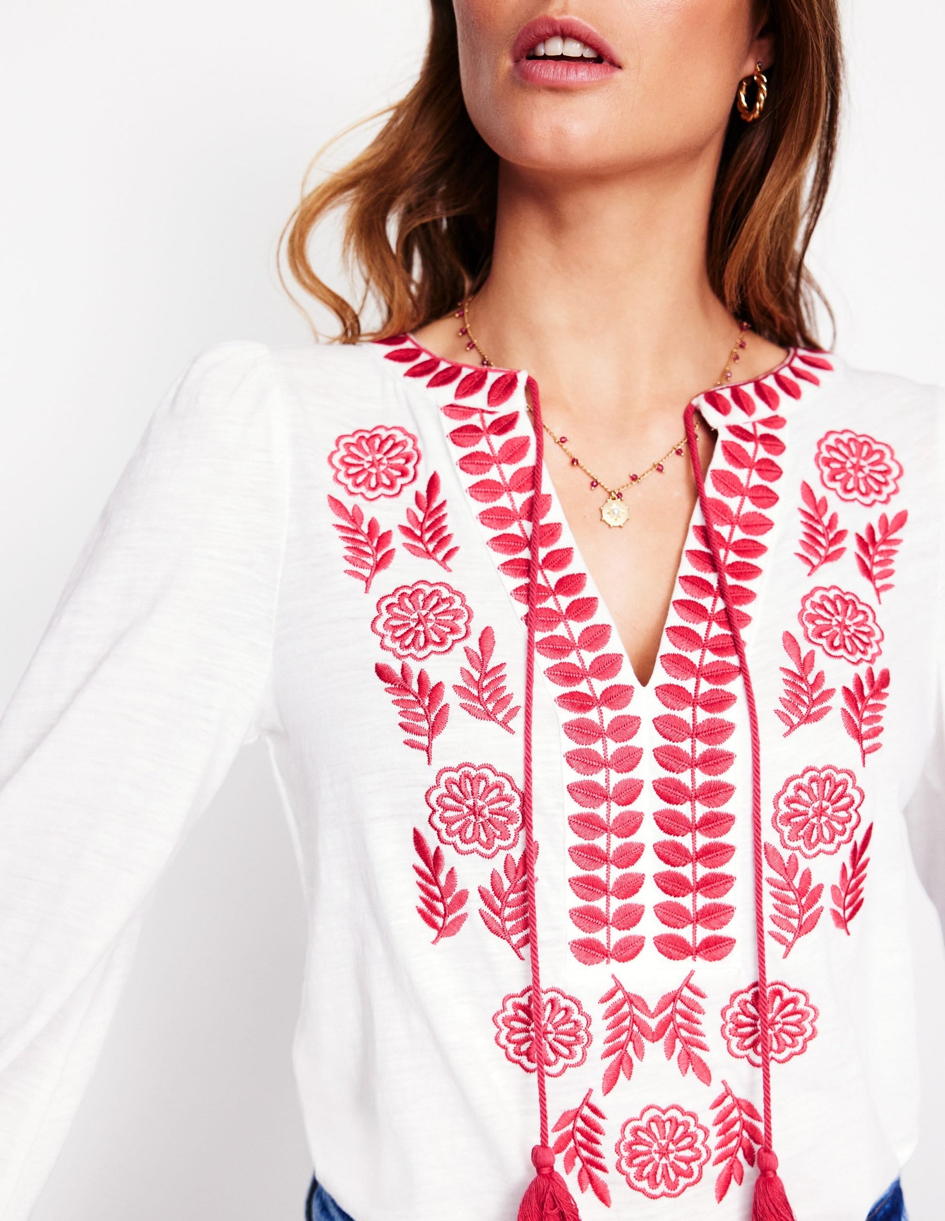 Nia Embroidered Top-White, Berry Red-3